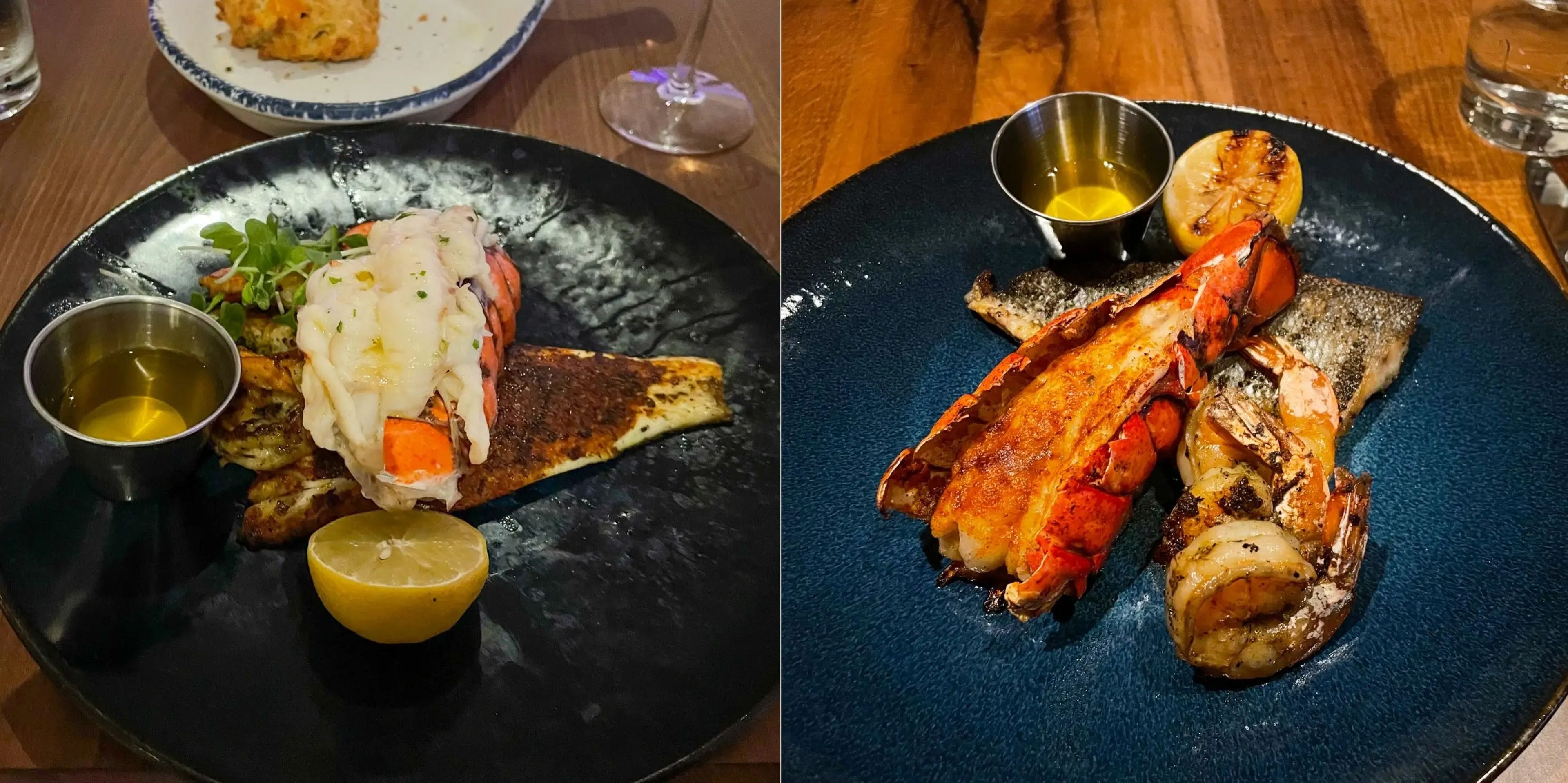 El menú del capitán del Wonder of the Seas (izquierda) y del Icon of the Seas (derecha) en el restaurante Hooked Seafood incluye una cola de langosta, un filete de pescado y gambas.