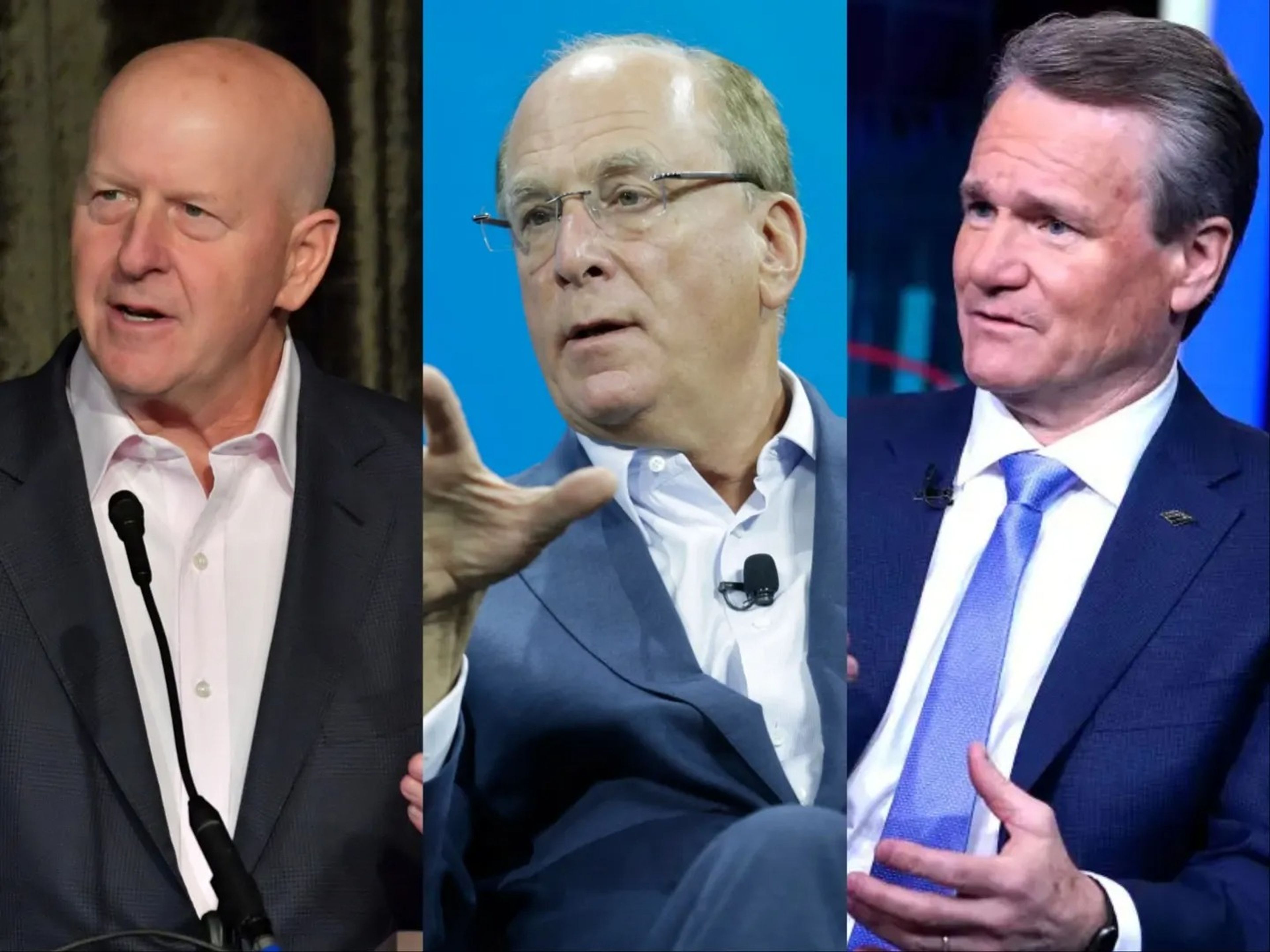 David M. Solomon, CEO de Goldman Sachs; Larry Fink, CEO de BlackRock, y Brian Moynihan, del Bank of America. 
