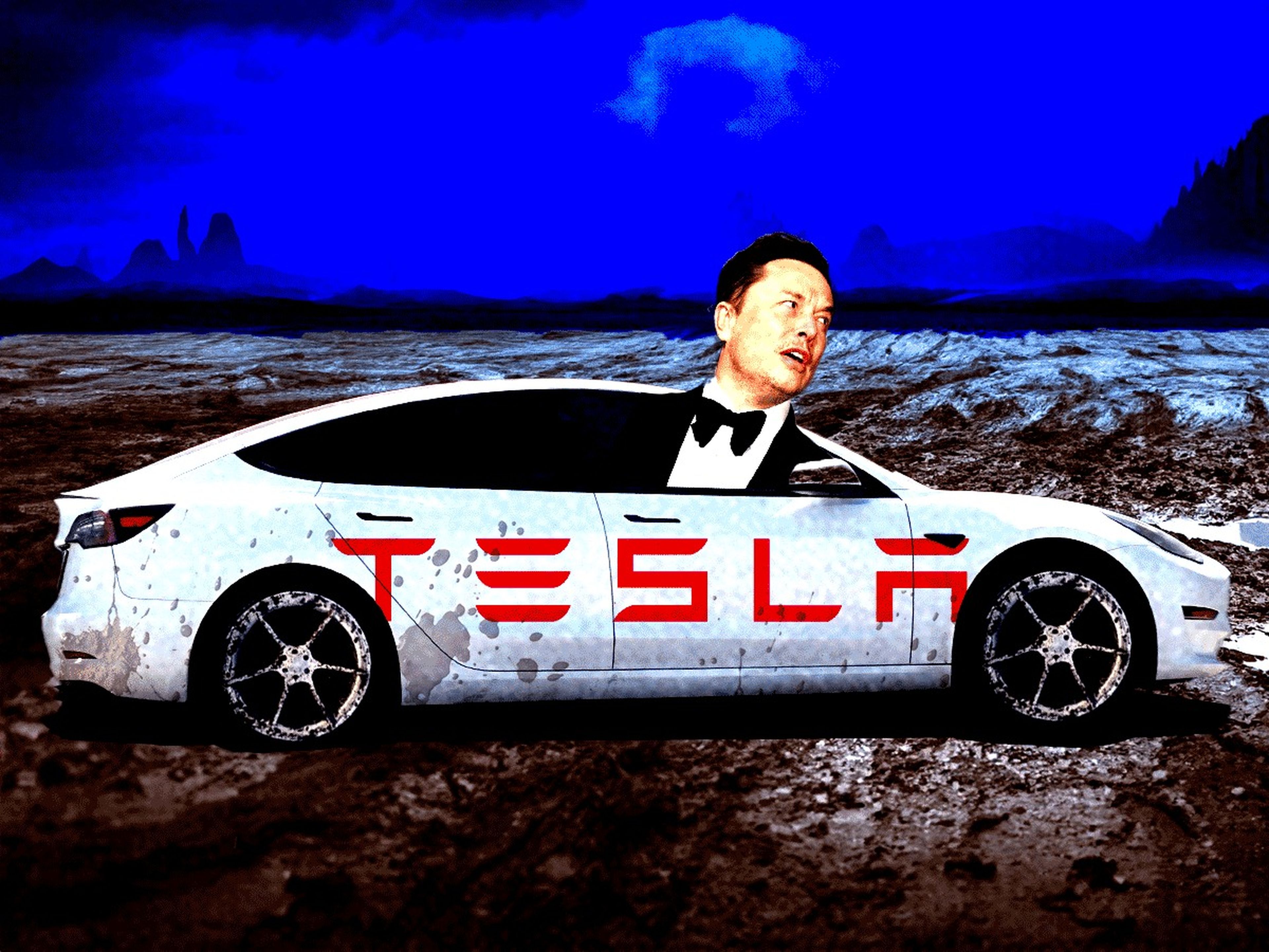 Elon Musk en un taxi Tesla animado girando sus ruedas en el barro con fondo azul.