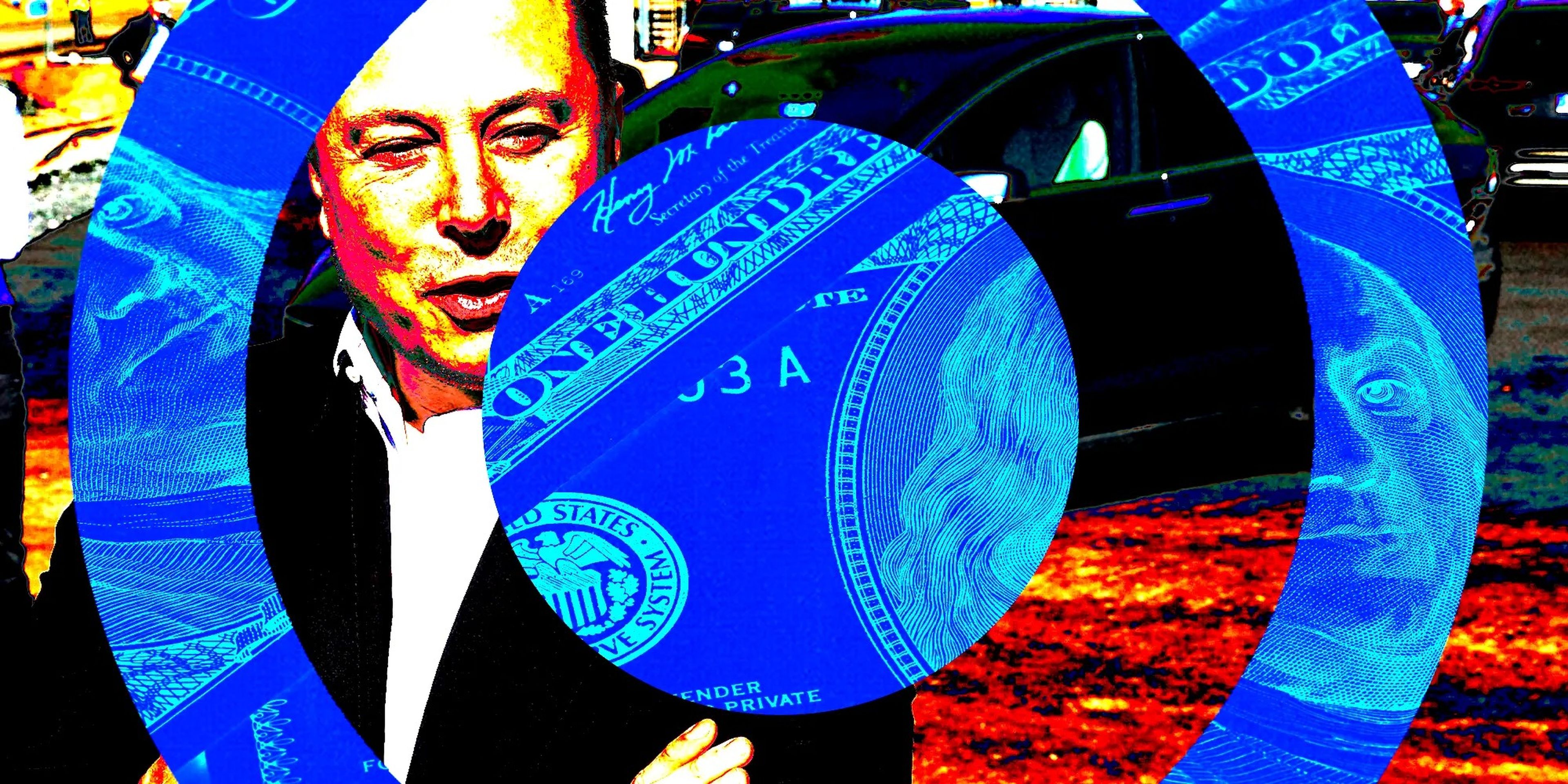 Collage de Elon Musk con su cara y la moneda estadounidense.