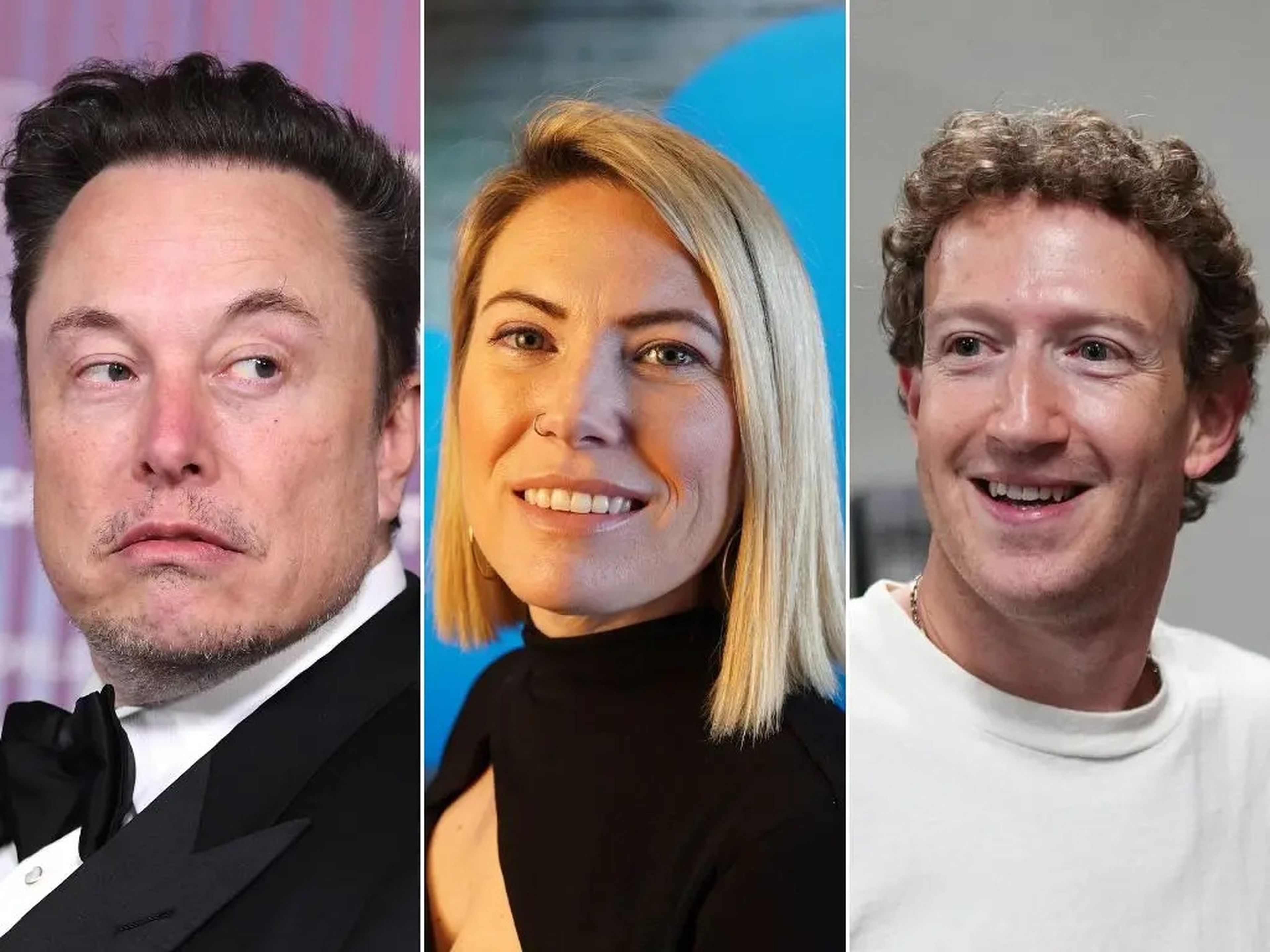 De izquierda a derecha: Elon Musk, Esther Crawford y Mark Zuckerberg.