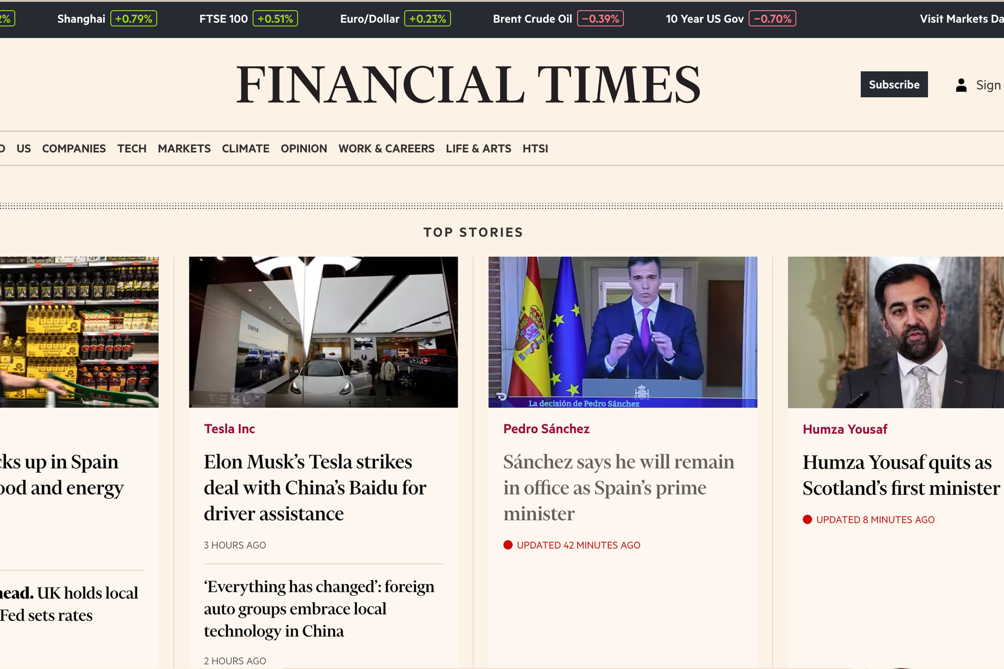 Pedro Sánchez en la parte baja de la portada del Financial Times. 