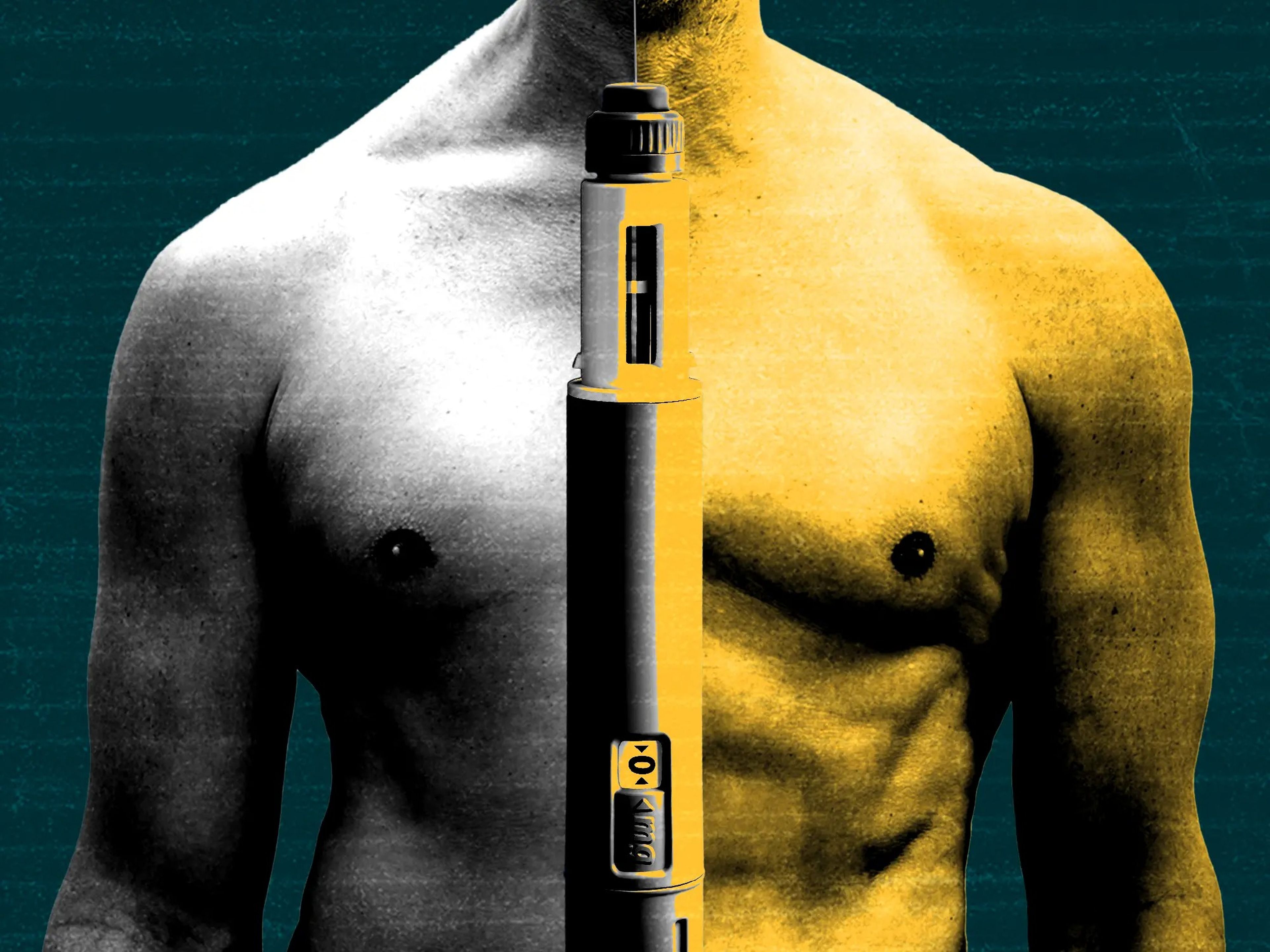 A flabby torso next to a muscular torso divided by an injection pen