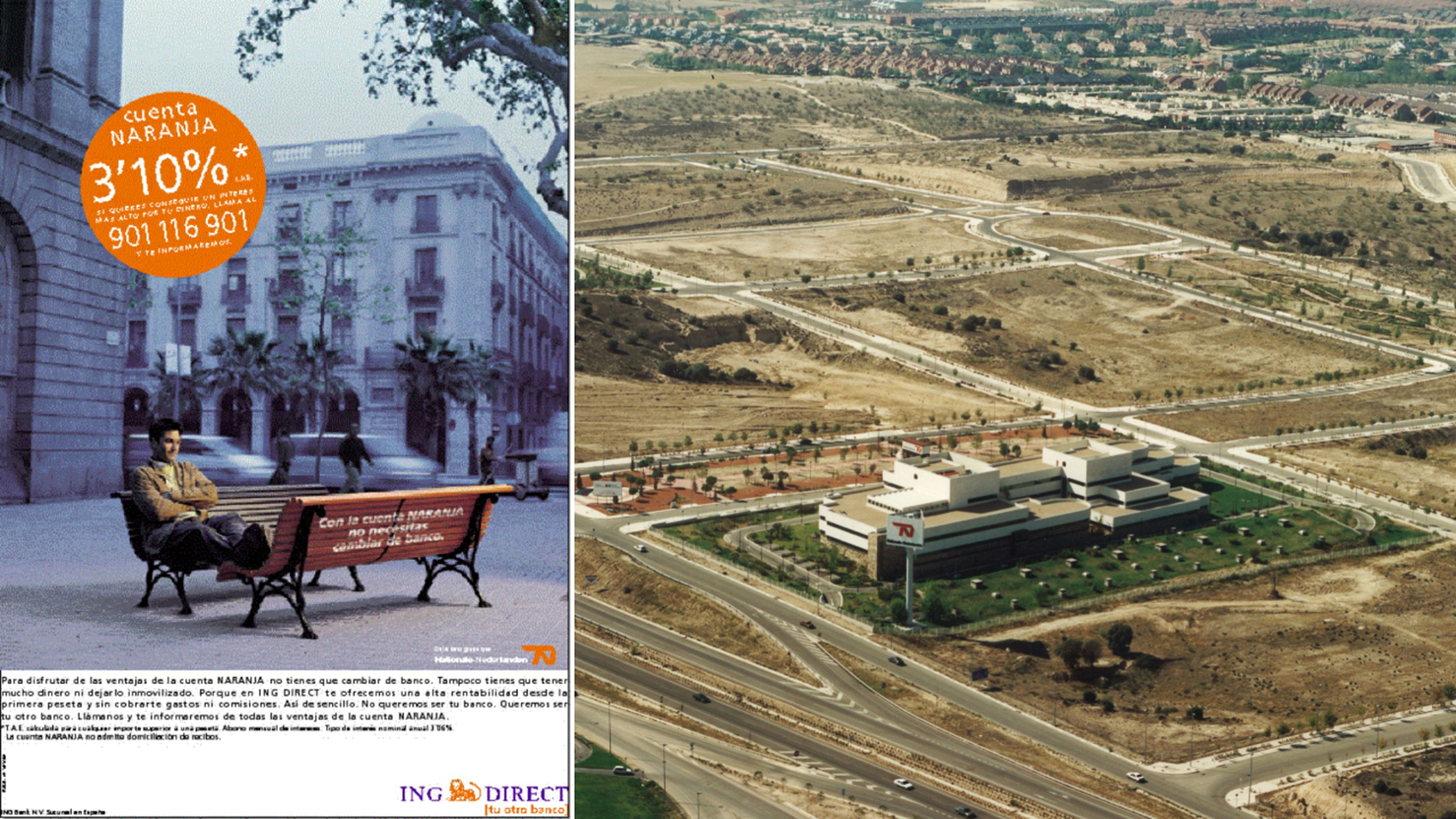 A la izquierda, el primer anuncio de ING tras su llegada a España, en 1999. A la derecha, la primera sede de la entidad, en el municipio madrileño de Las Rozas.