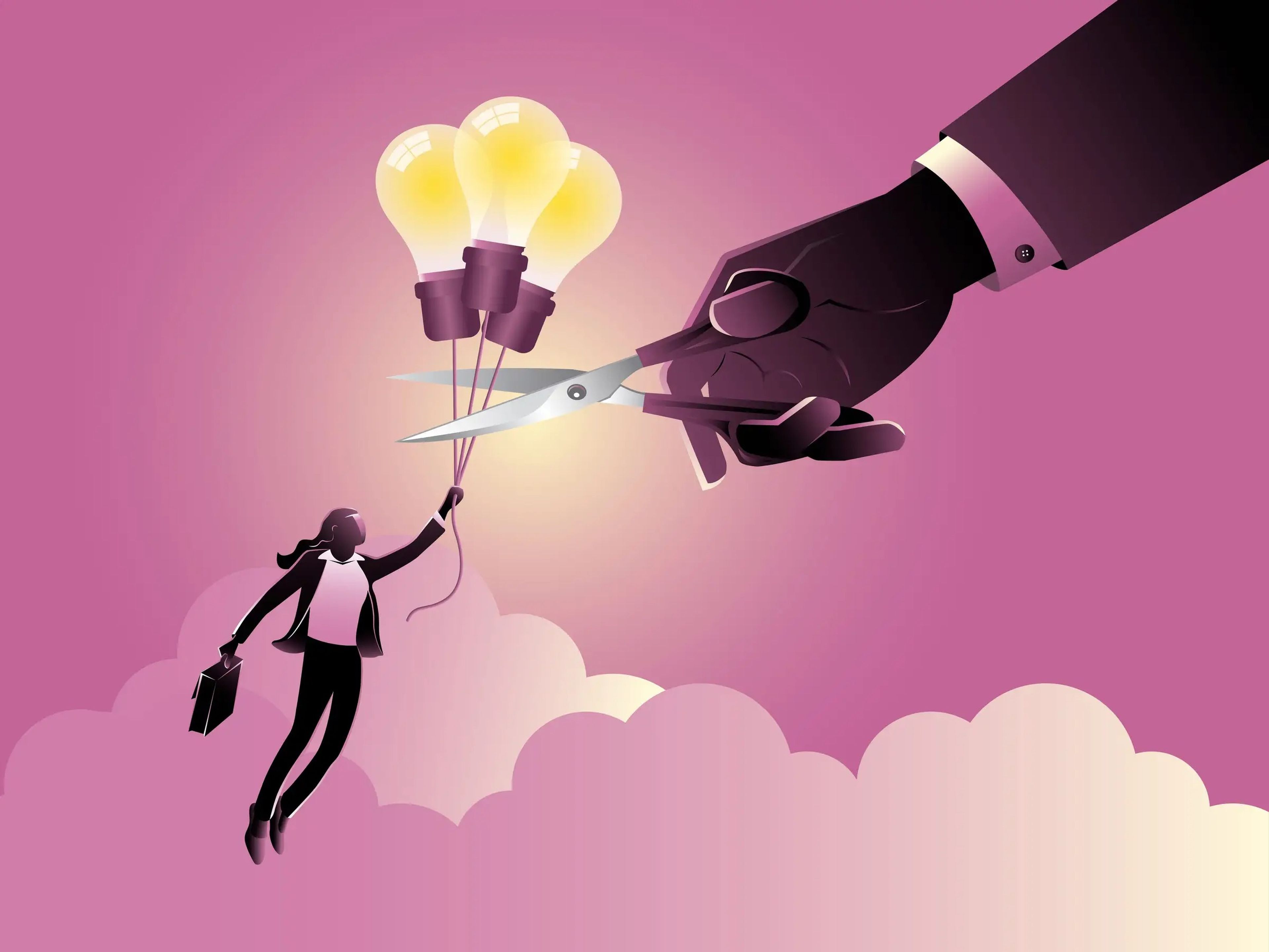 An illustration of a businesswoman holding a briefcase in one hand and balloons in the other, floating in the sky. A large hand holding a pair of scissors looms above her, poised to snip the strings of her balloons.