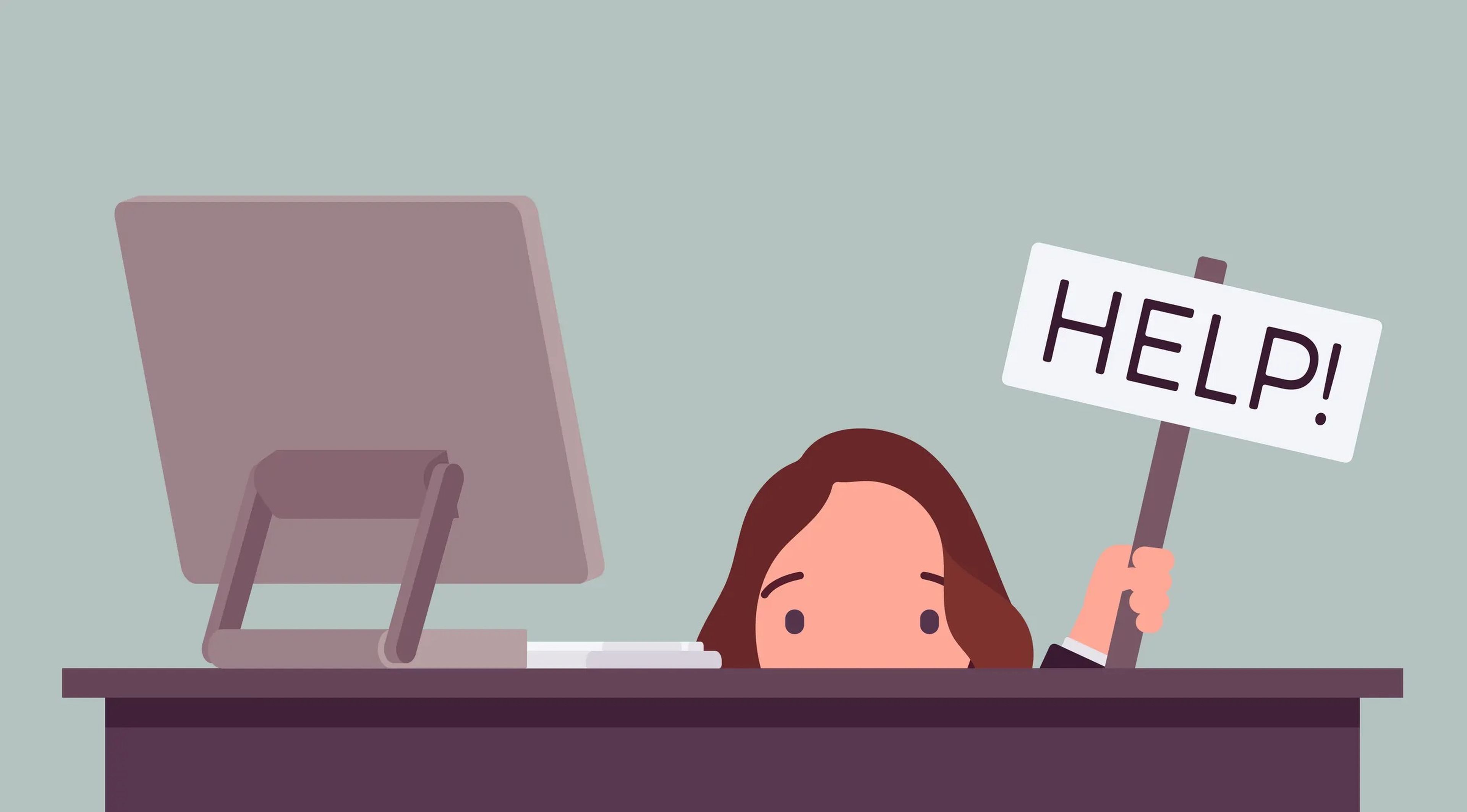 Illustration of a worker hiding behind a desk, holding up a sign that says "HELP."