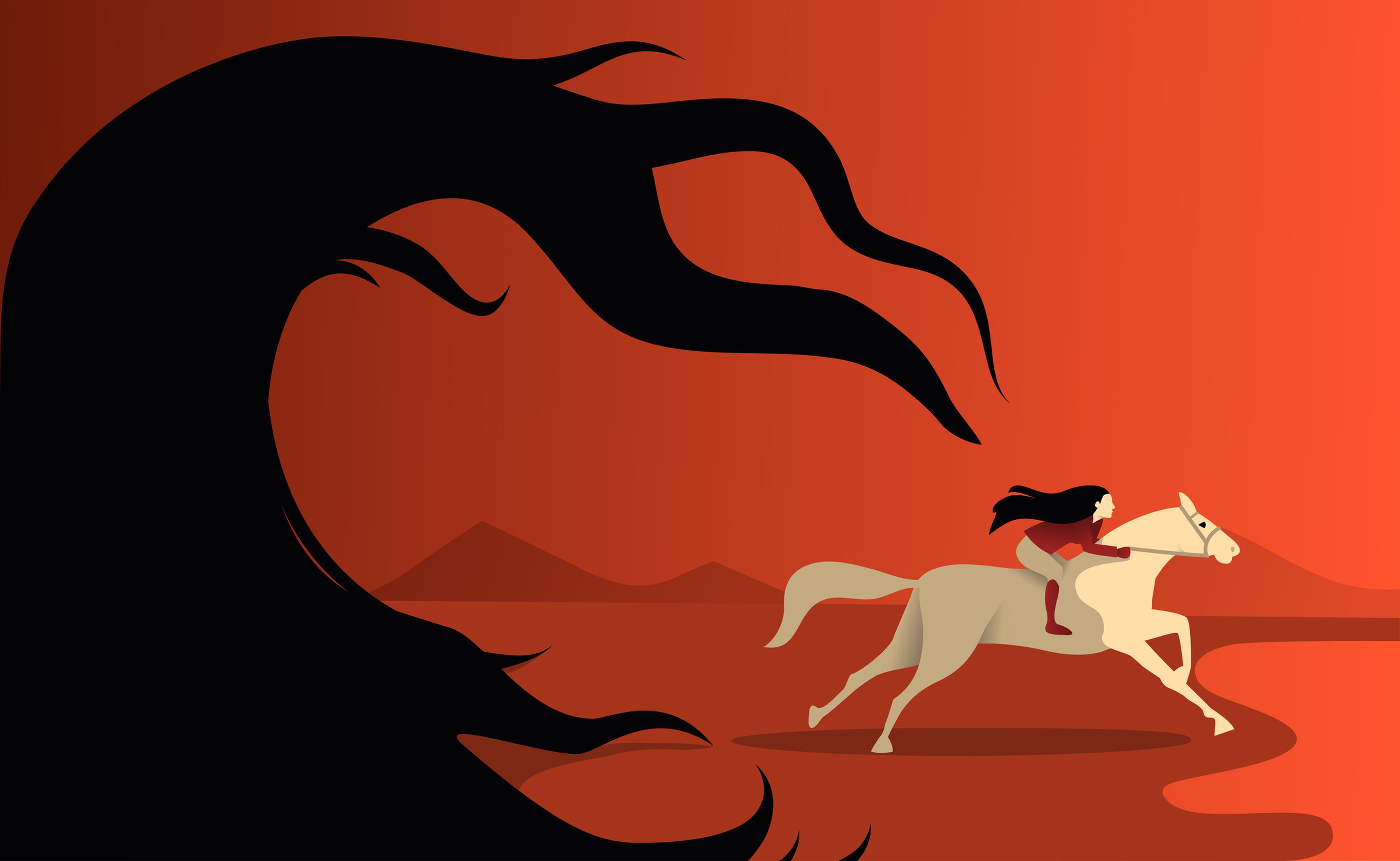 Ilustración una mujer cabalga sobre un caballo y escapa de una amenaza