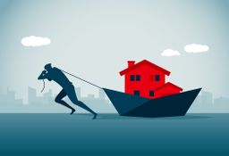 Ilustración de una persona arrastrando una vivienda sobre un barco