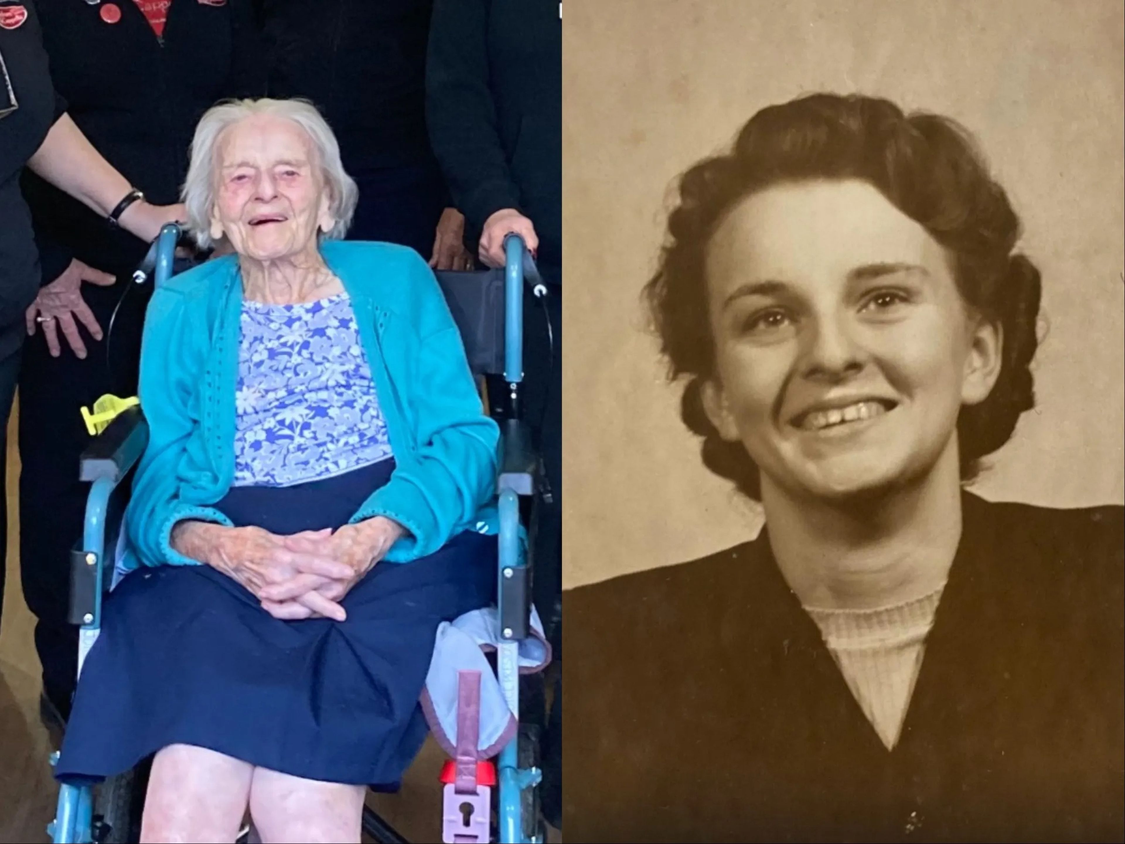 Joyce Preston in a wheelchair; a headshot of Preston when she was younger.
