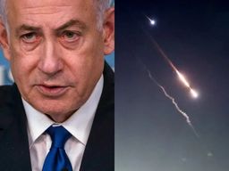 L: Israeli Prime Minister Benjamin Netanyahu.
R: Objects are seen in the sky above Jerusalem after Iran launched drones and missiles toward Israel.
