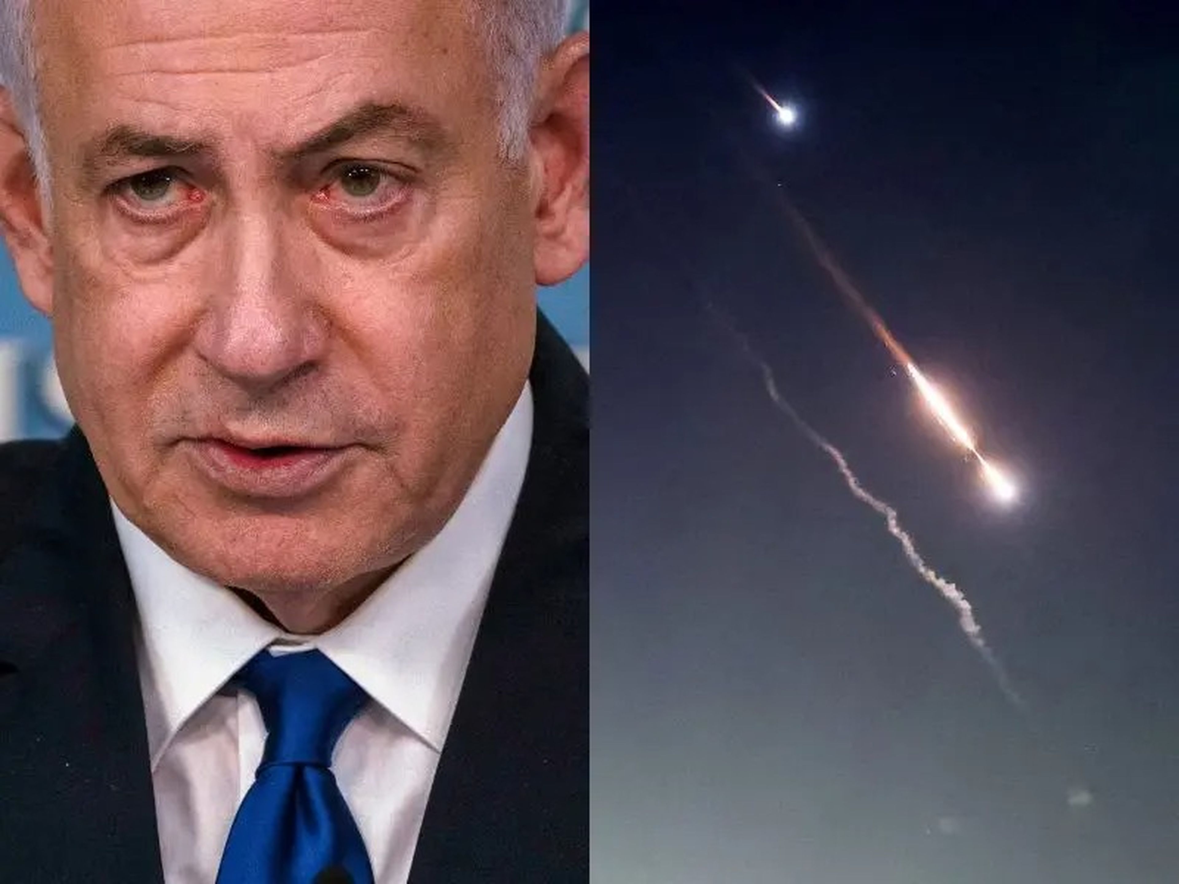 I: El primer ministro israelí, Benjamín Netanyahu. D: Vista de objetos en el cielo de Jerusalén después de que Irán lanzara drones y misiles contra Israel.