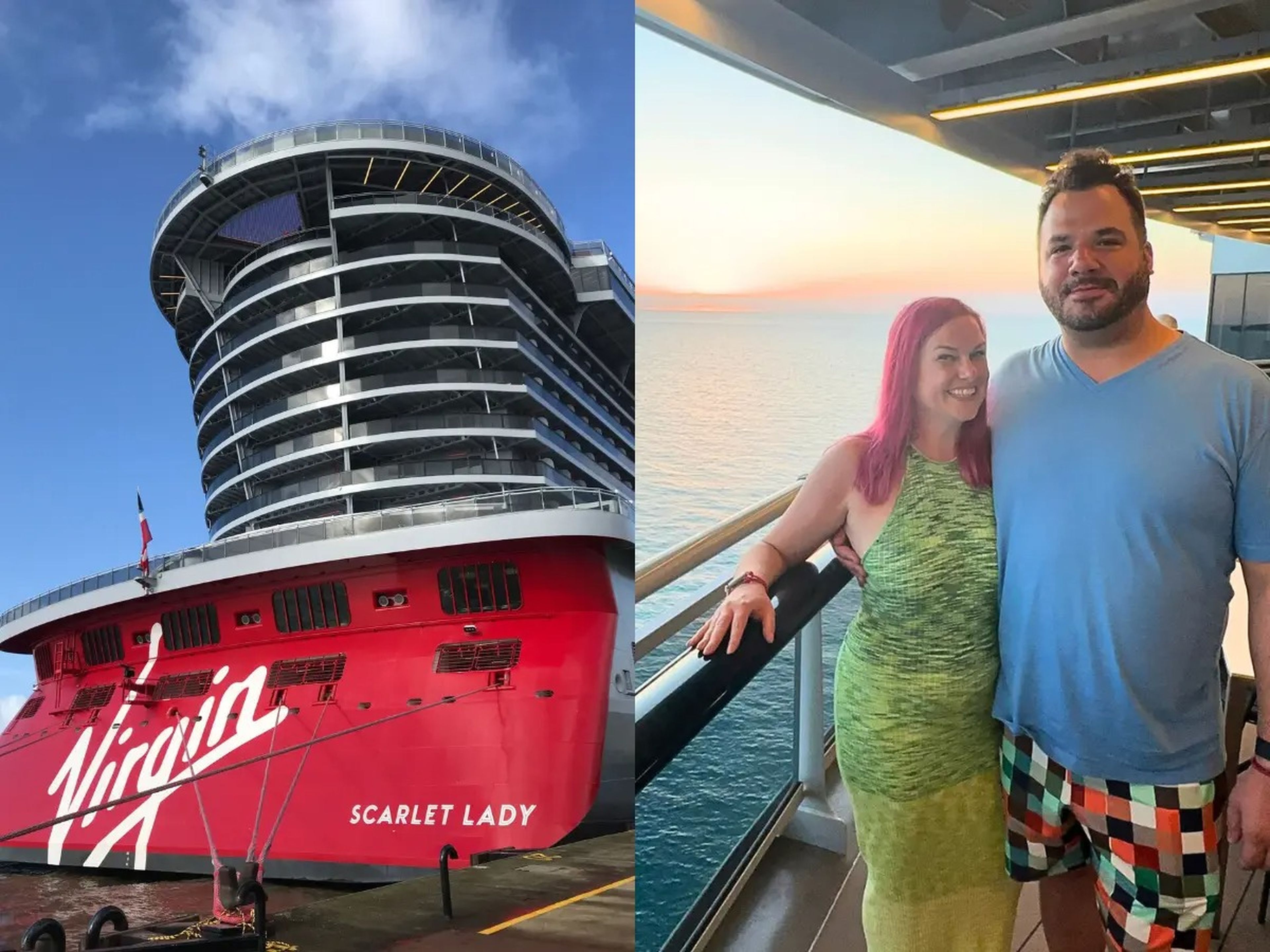 Left: Virgin Voyages Scarlet Lady, right: Eliza Green and her husband on the Dominican Daze cruise.
