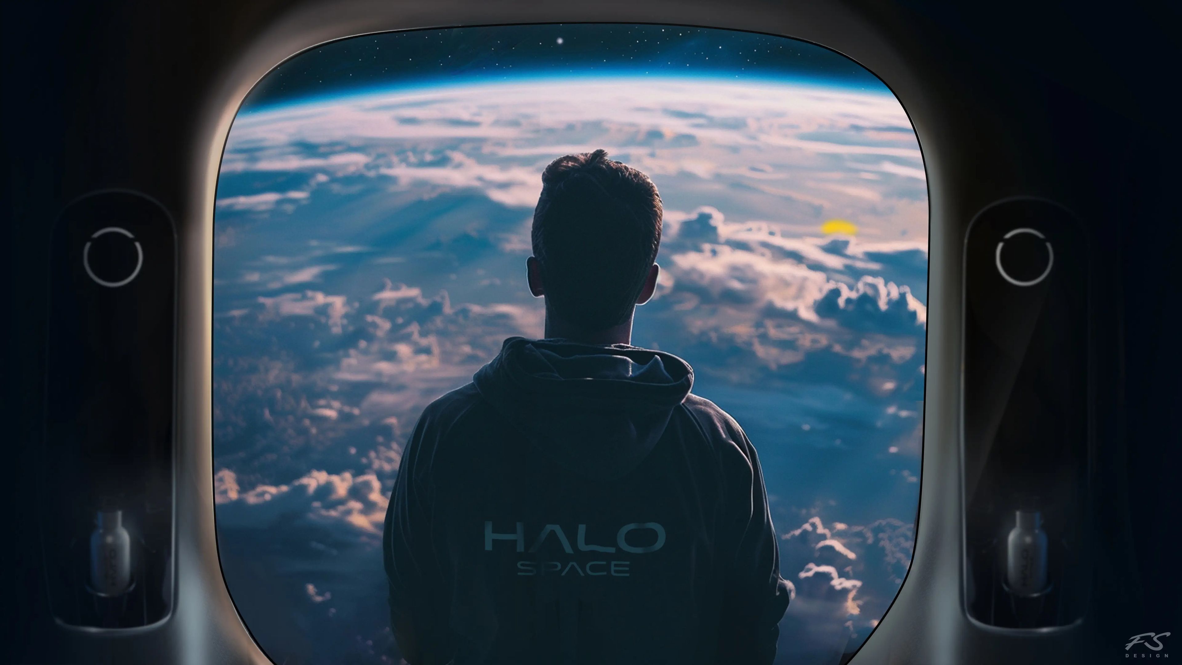 A man wearing a Halo Space hoodie looks out over the Earth from space in a generated image.