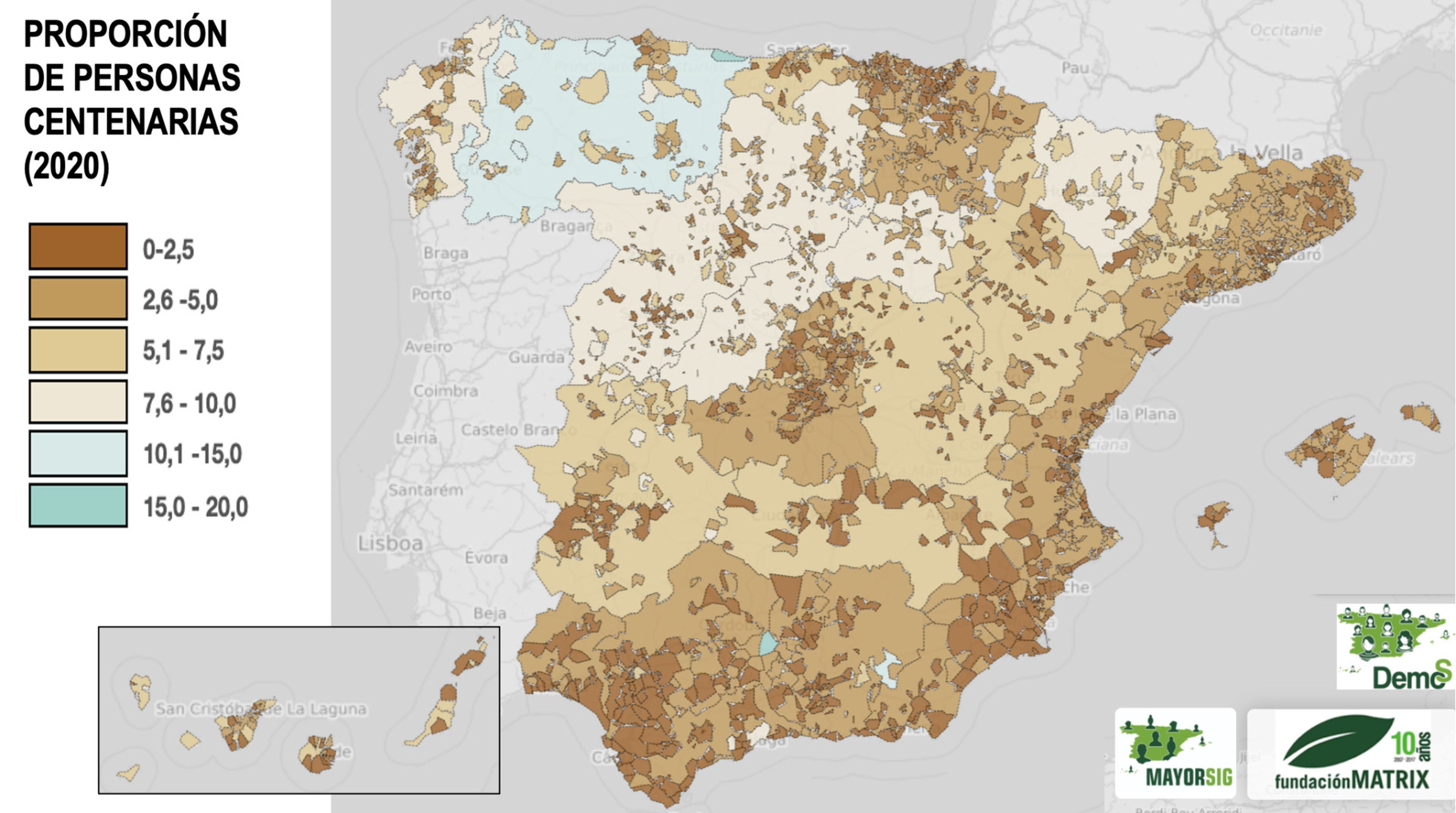 Este mapa de la Fundación Matrix en colaboración con la Universidad de Vigo muestra la distribución actual, total y por sexos de los centenarios, así como su peso relativo en 700 poblaciones locales de diferentes municipios y agregados territoriales.