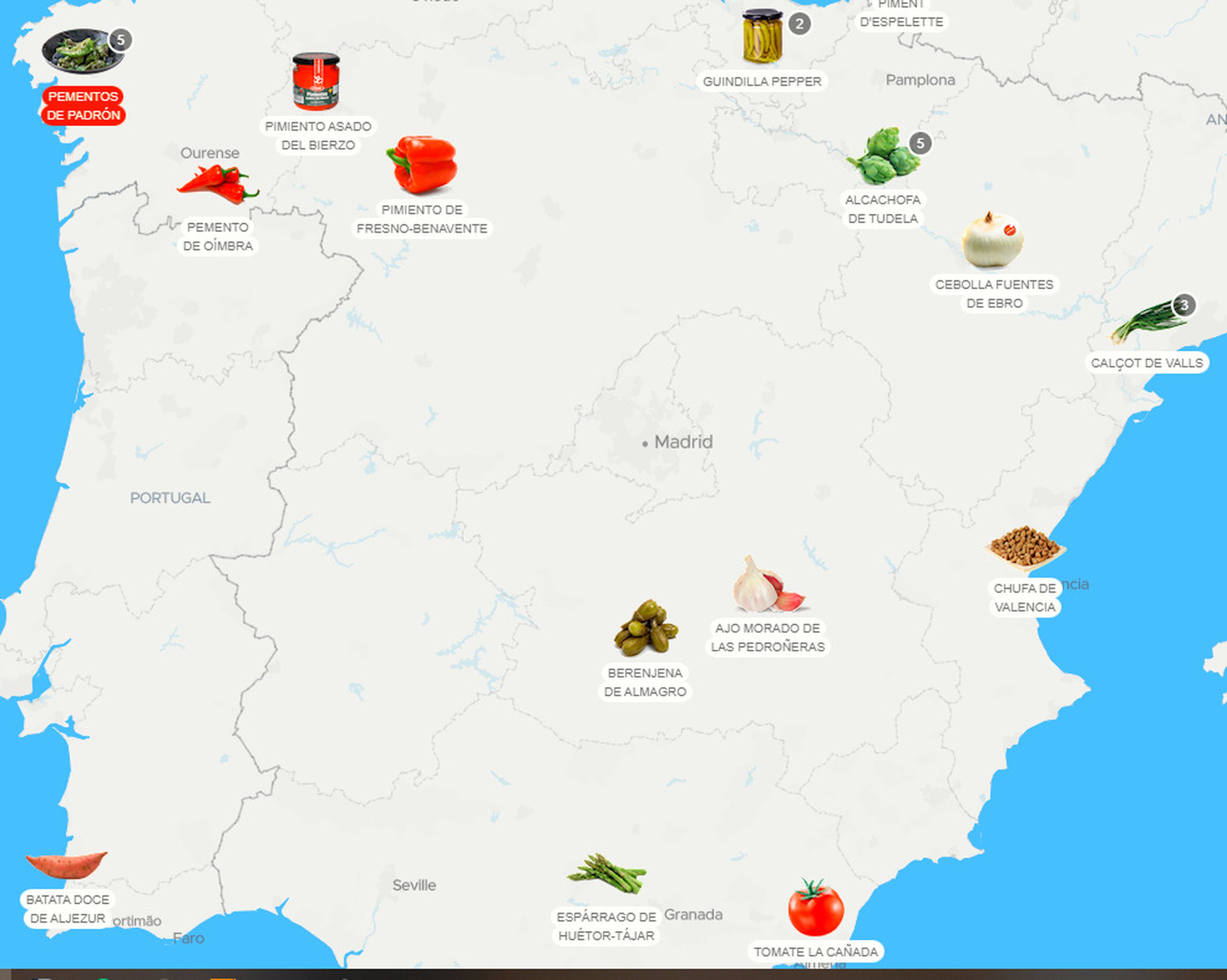 Mapa de las verduras más famosas de España