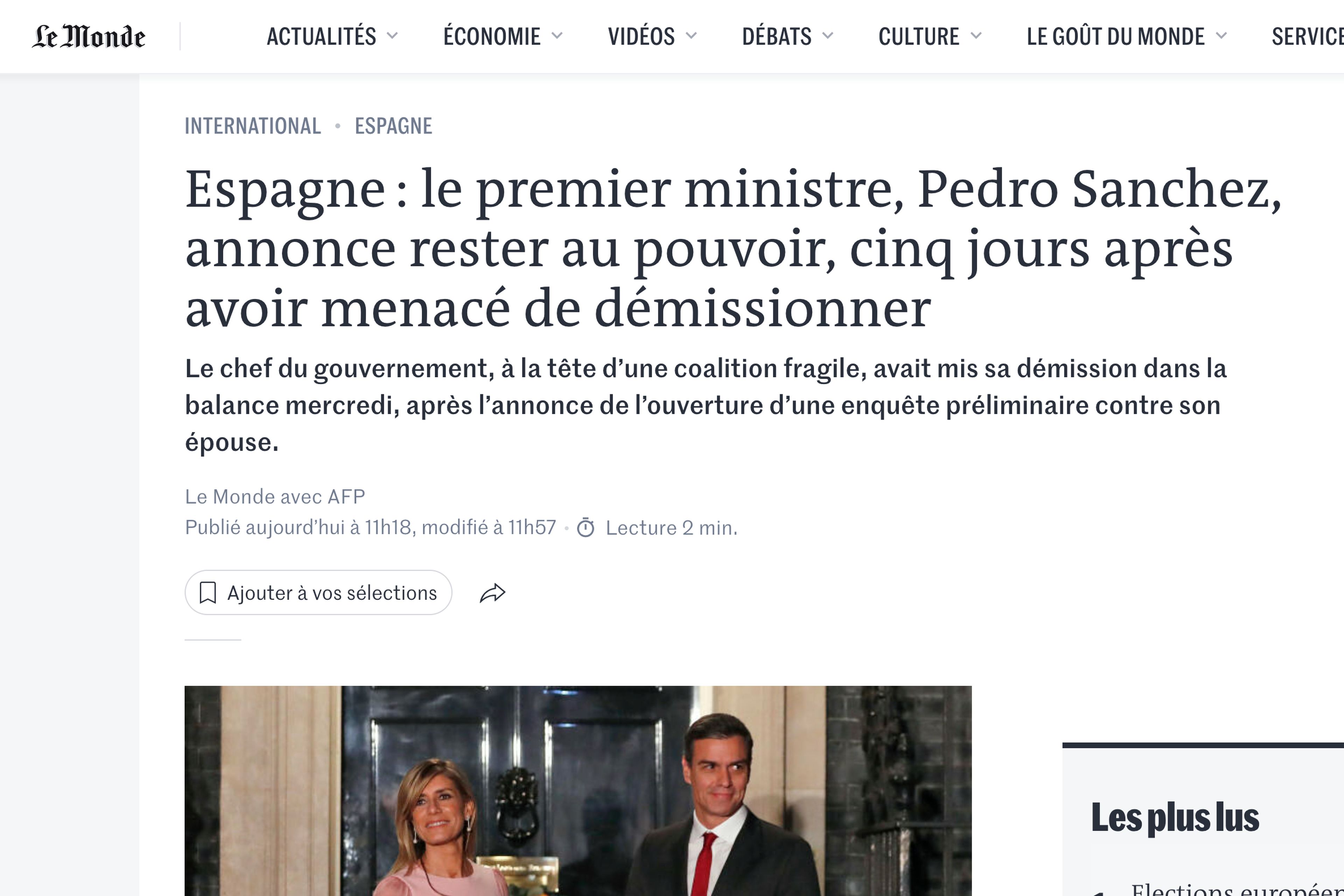 Noticia de Le Monde sobre la decisión de Sánchez. 