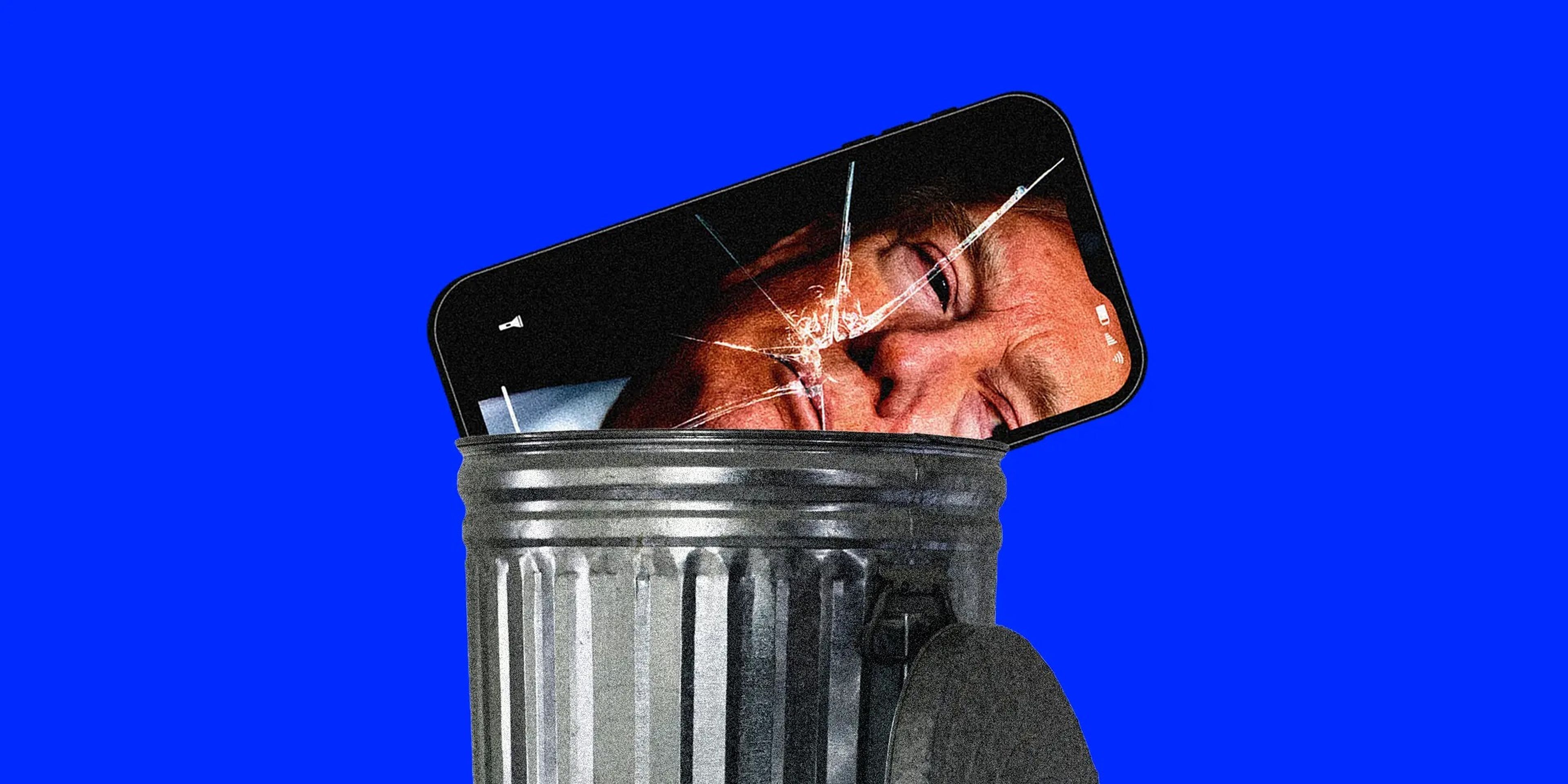 A phone with Trump's face in a garbage can