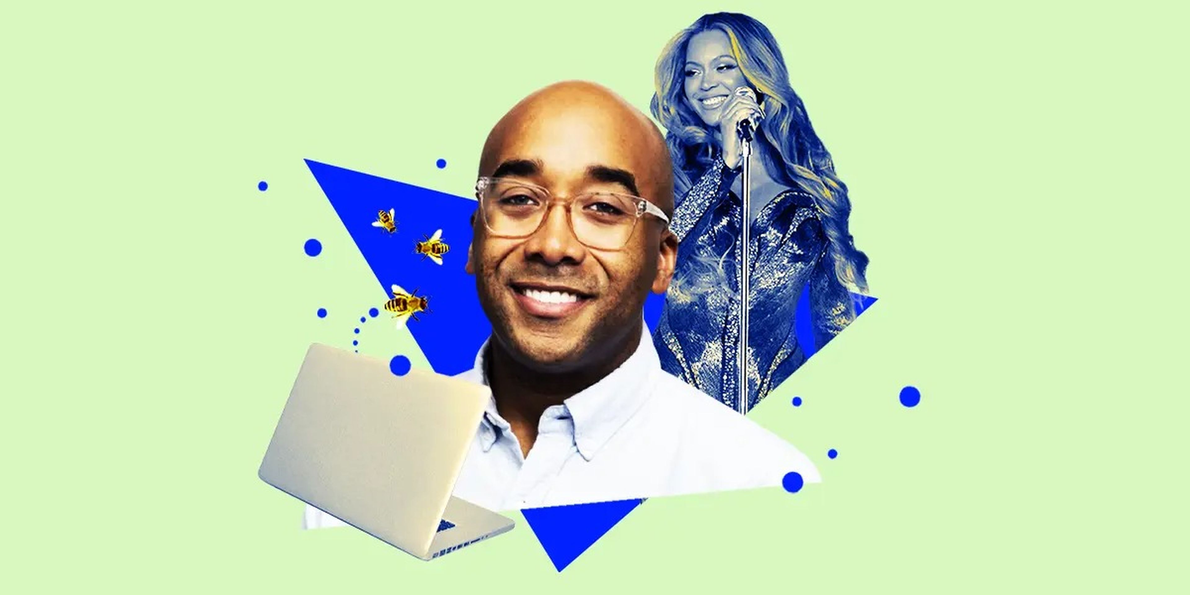 Photo collage featuring Marcus Collins, Beyoncé, a laptop, and three little bees representing the Beyhive