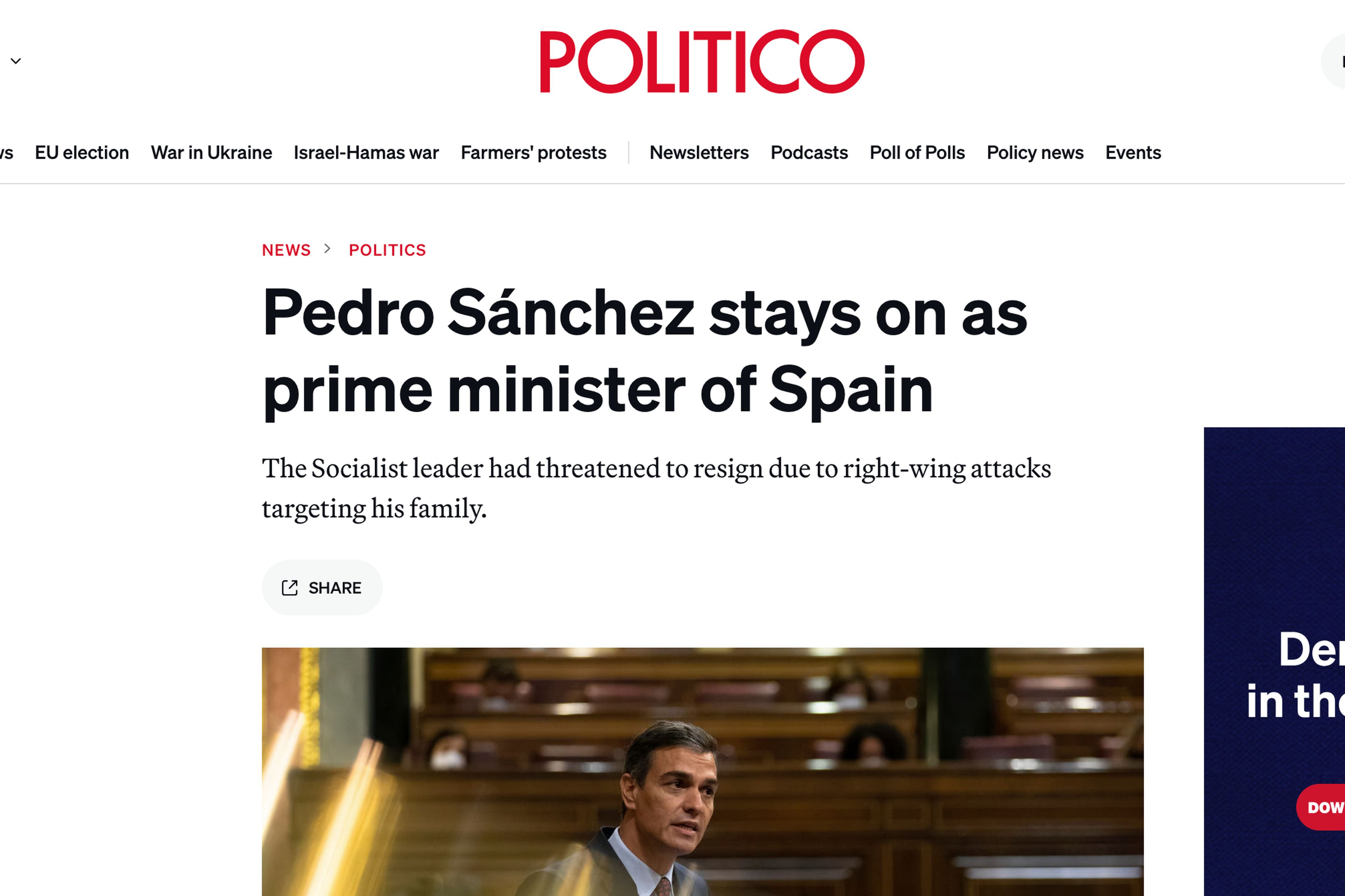 Noticia de Politico sobre la decisión de Sánchez. 