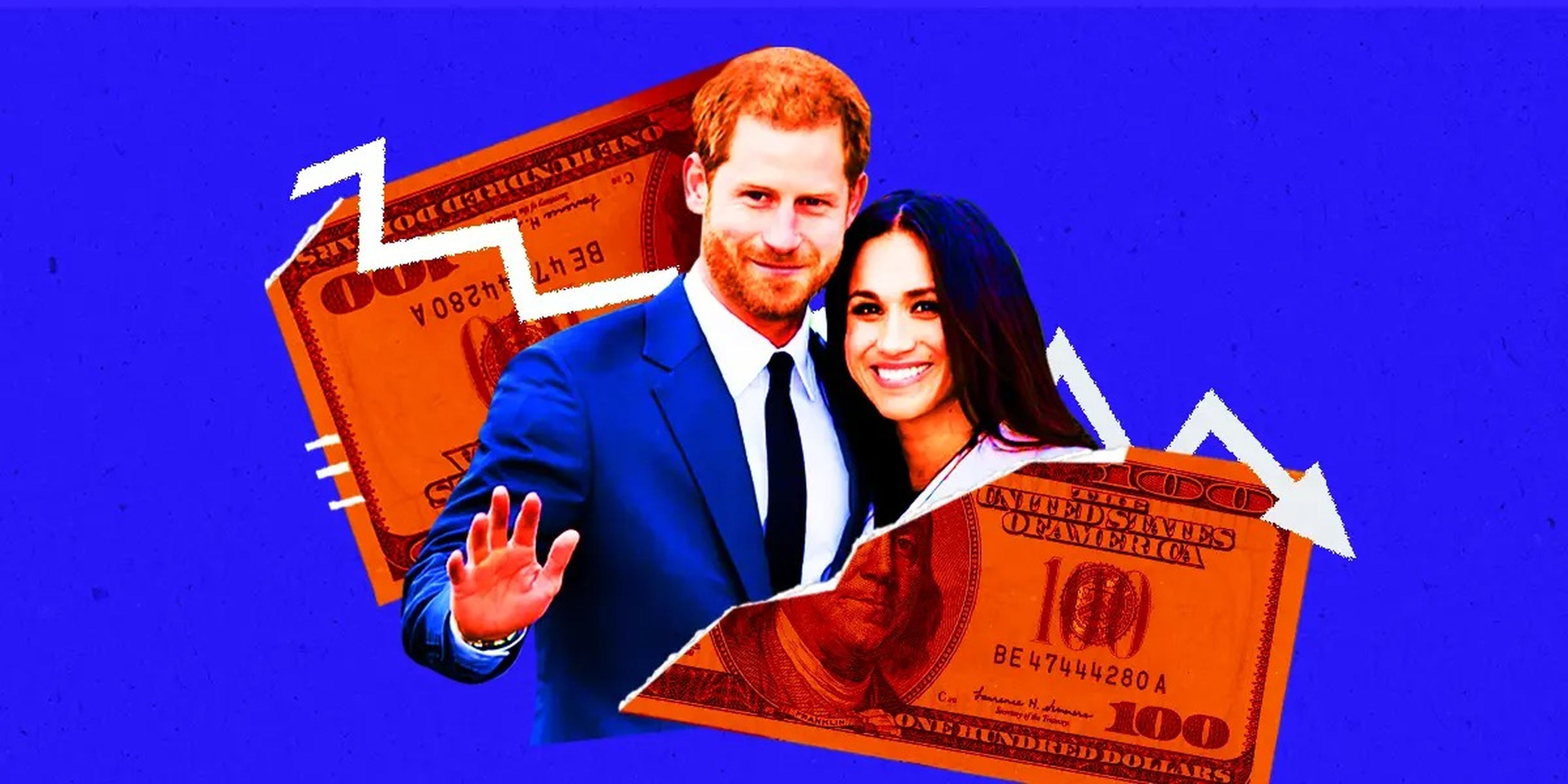 Prince Harry and Meghan Markle divided by a ripped $100 bill with a downward trending line
