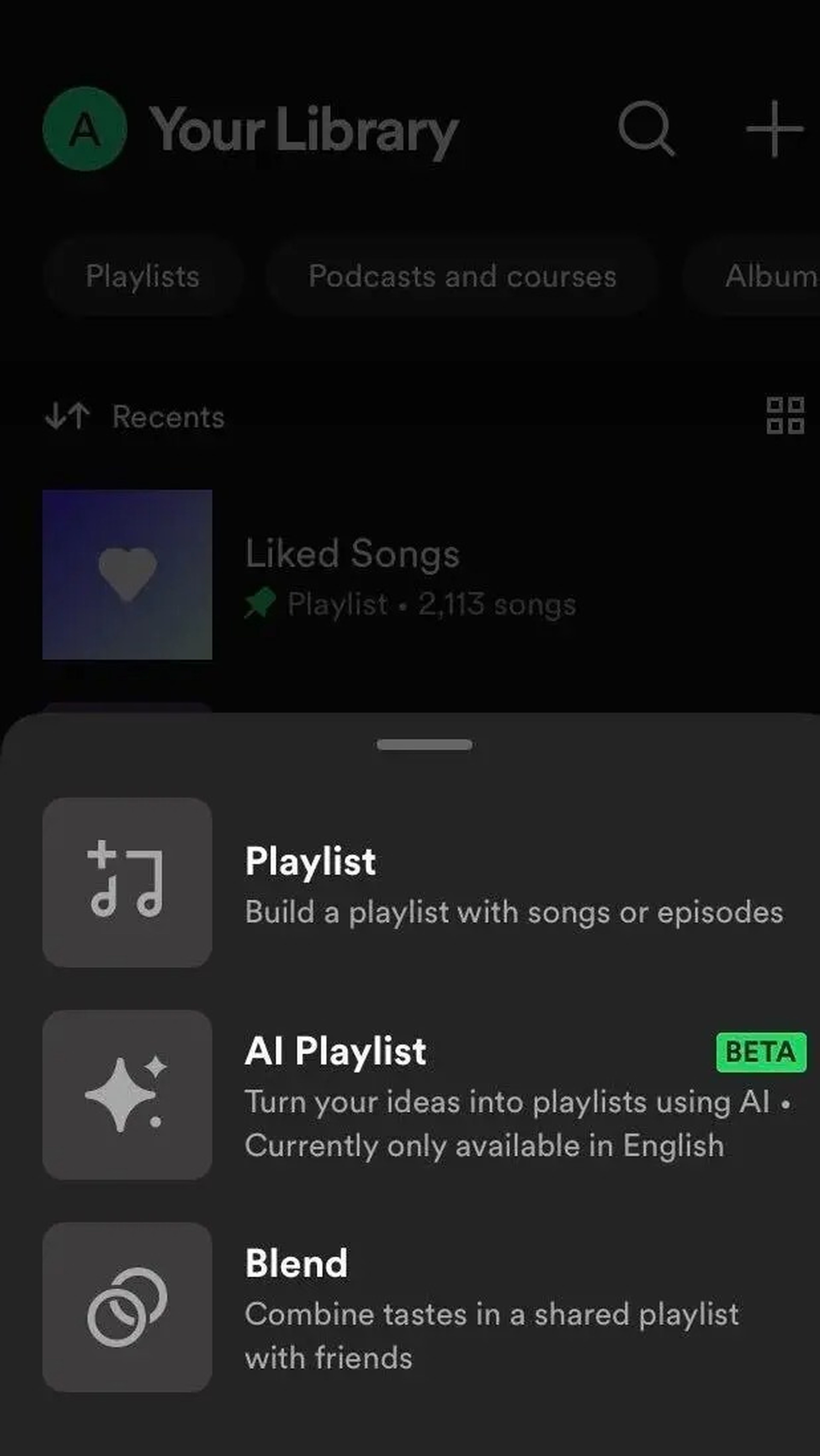 A screenshot of how the AI Playlist feature appears as a dropdown option when you tap the plus sign on the Spotify app