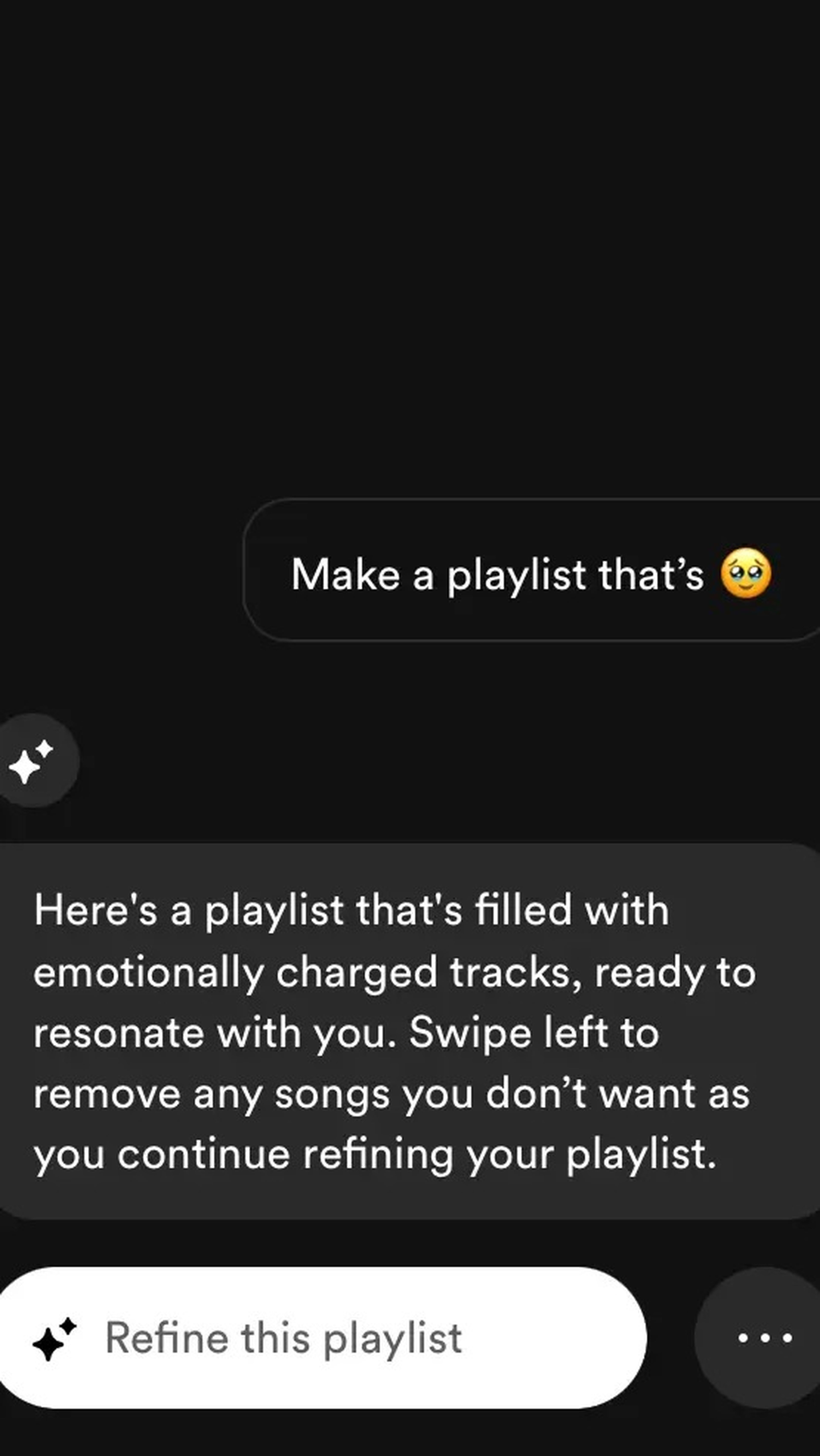 A screenshot of using Spotify's AI Playlist and giving it an emoji prompt
