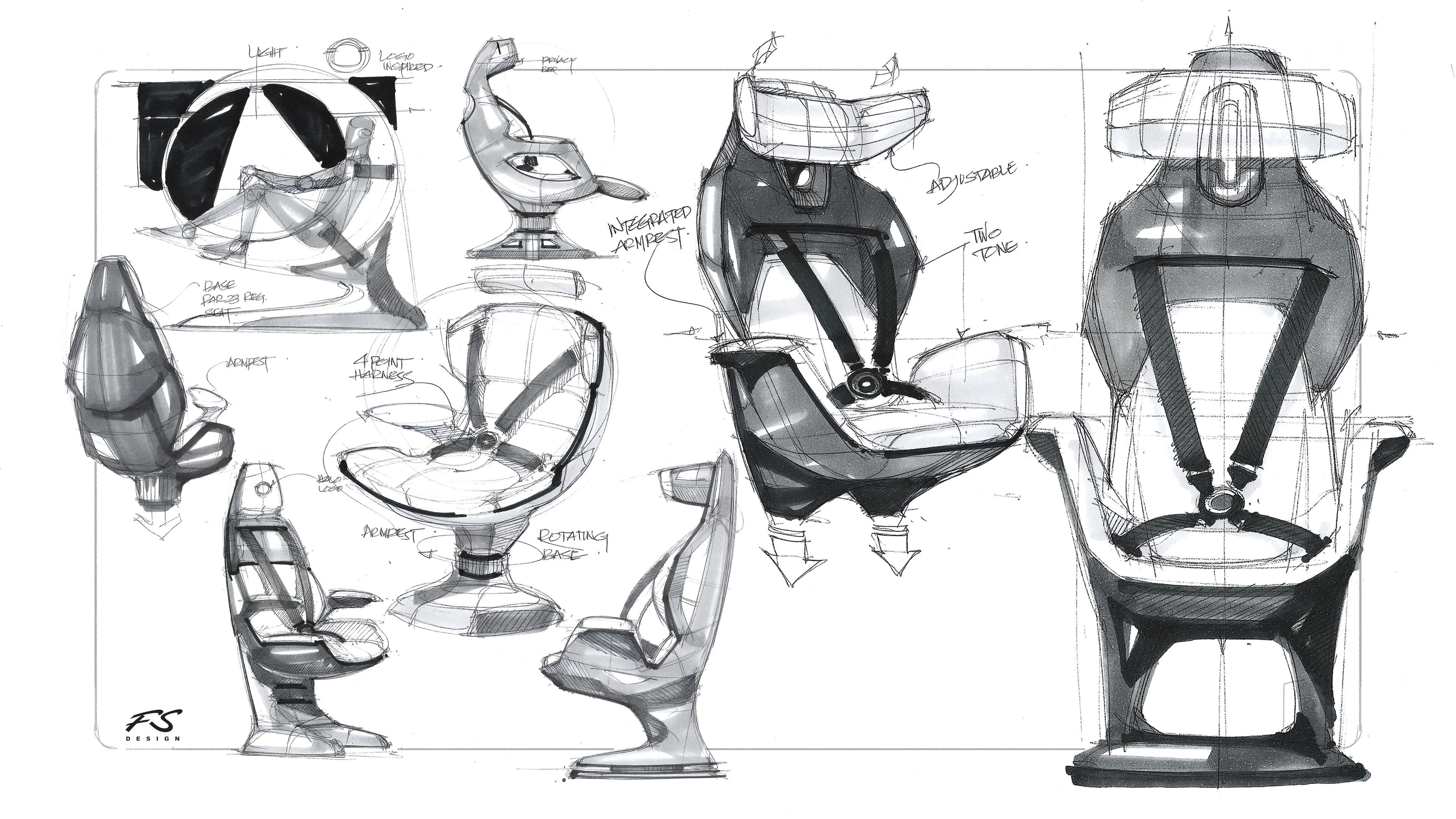 Sketches of the seat design for the Halo Space capsule