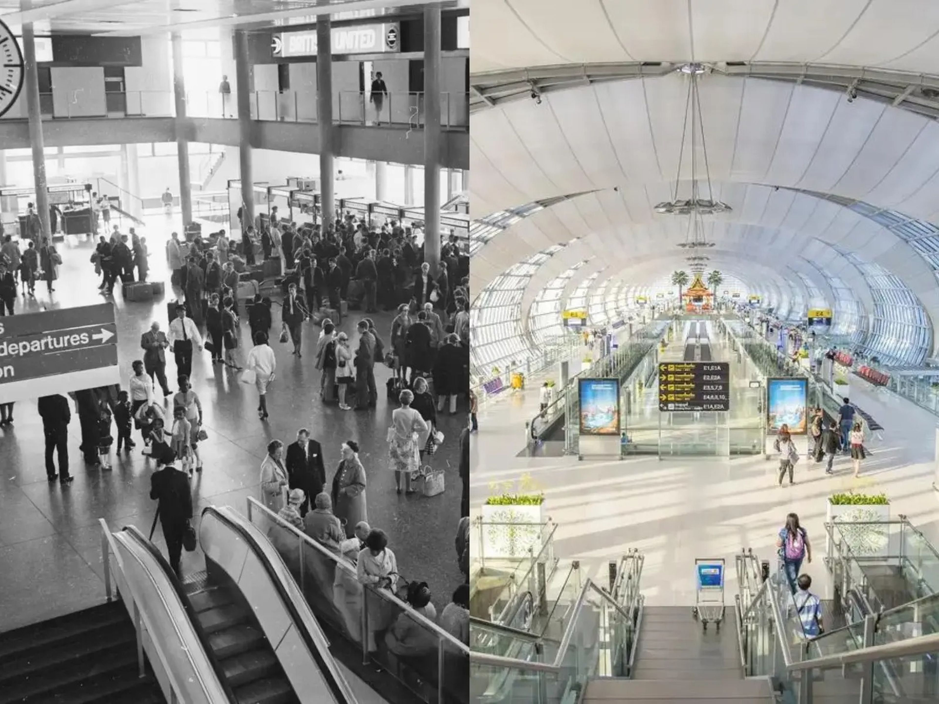 A split image of an old airport and a modern airport