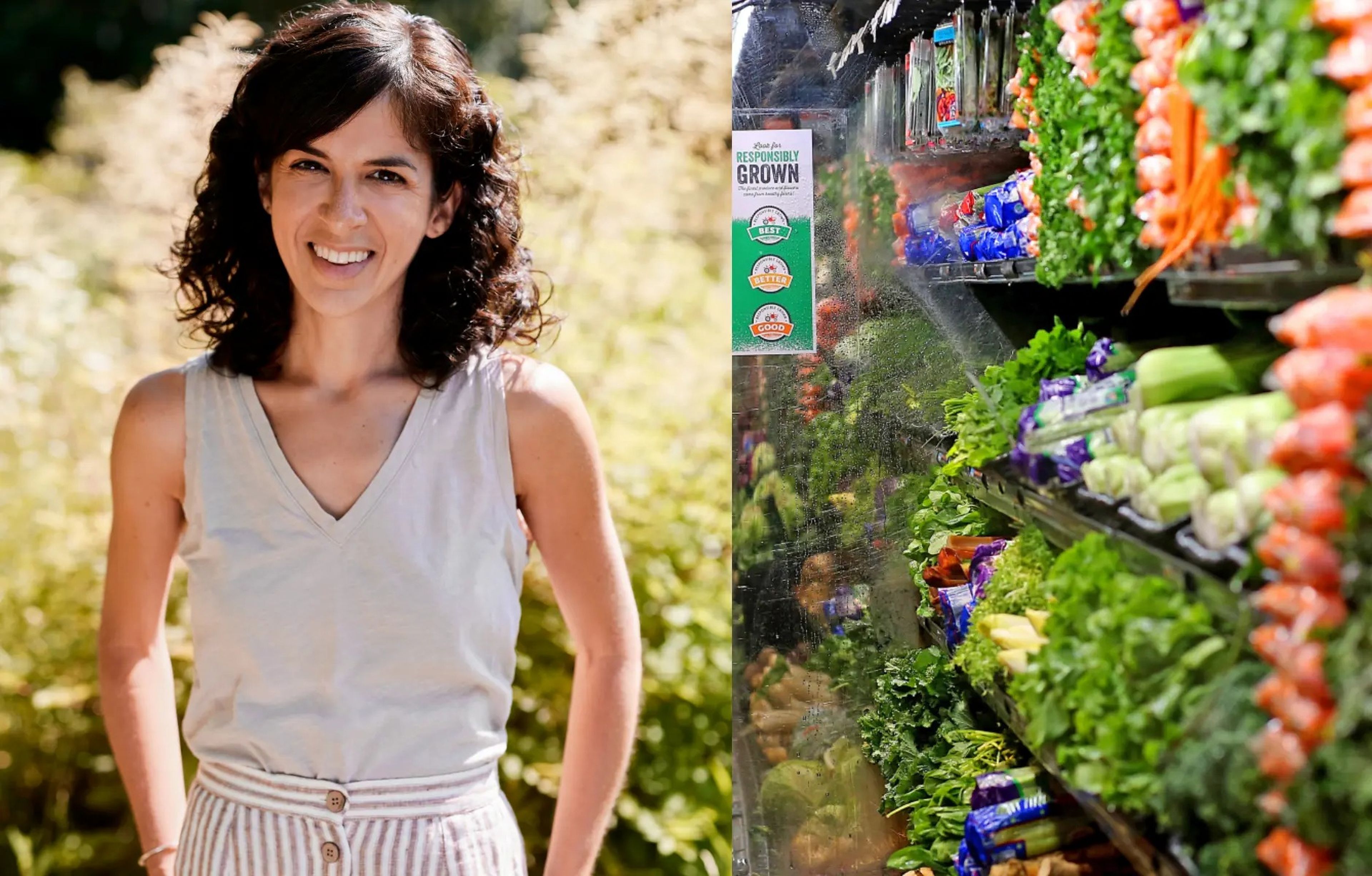 A split image showing a picture of registered dietitian Sheela Prakash next to an image of a grocery store produce aisle full of leafy greens.