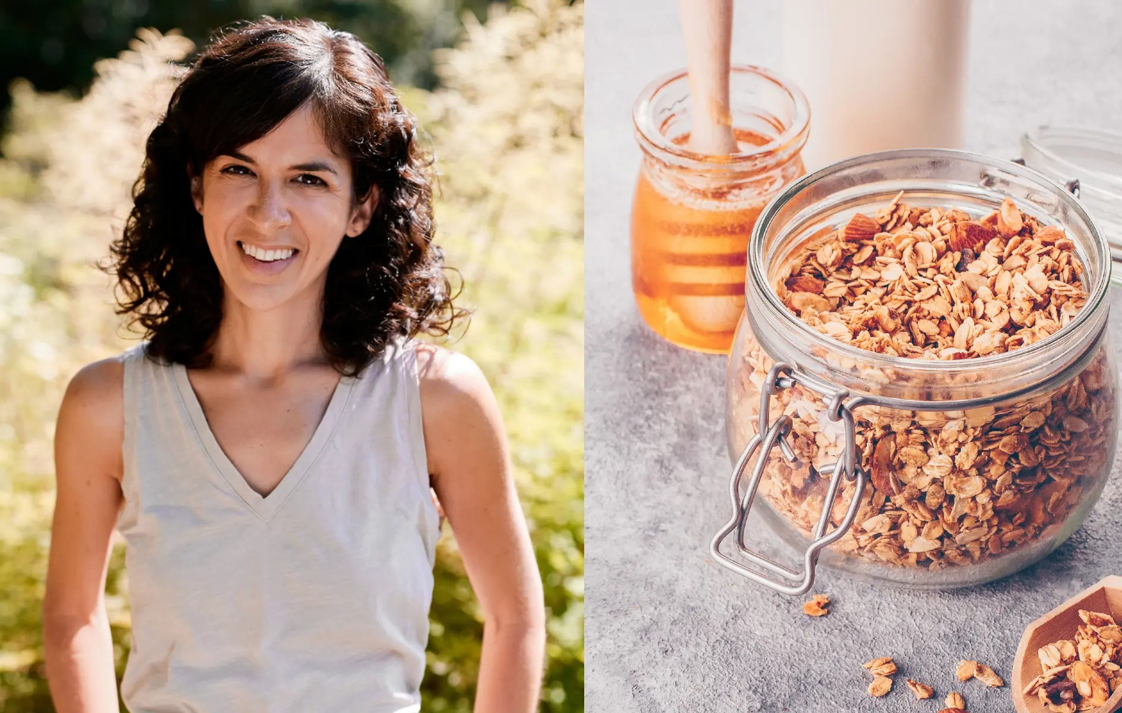 A split image showing a profile picture of dietitian Sheela Prakash and a glass jar of homemade granola with honey.