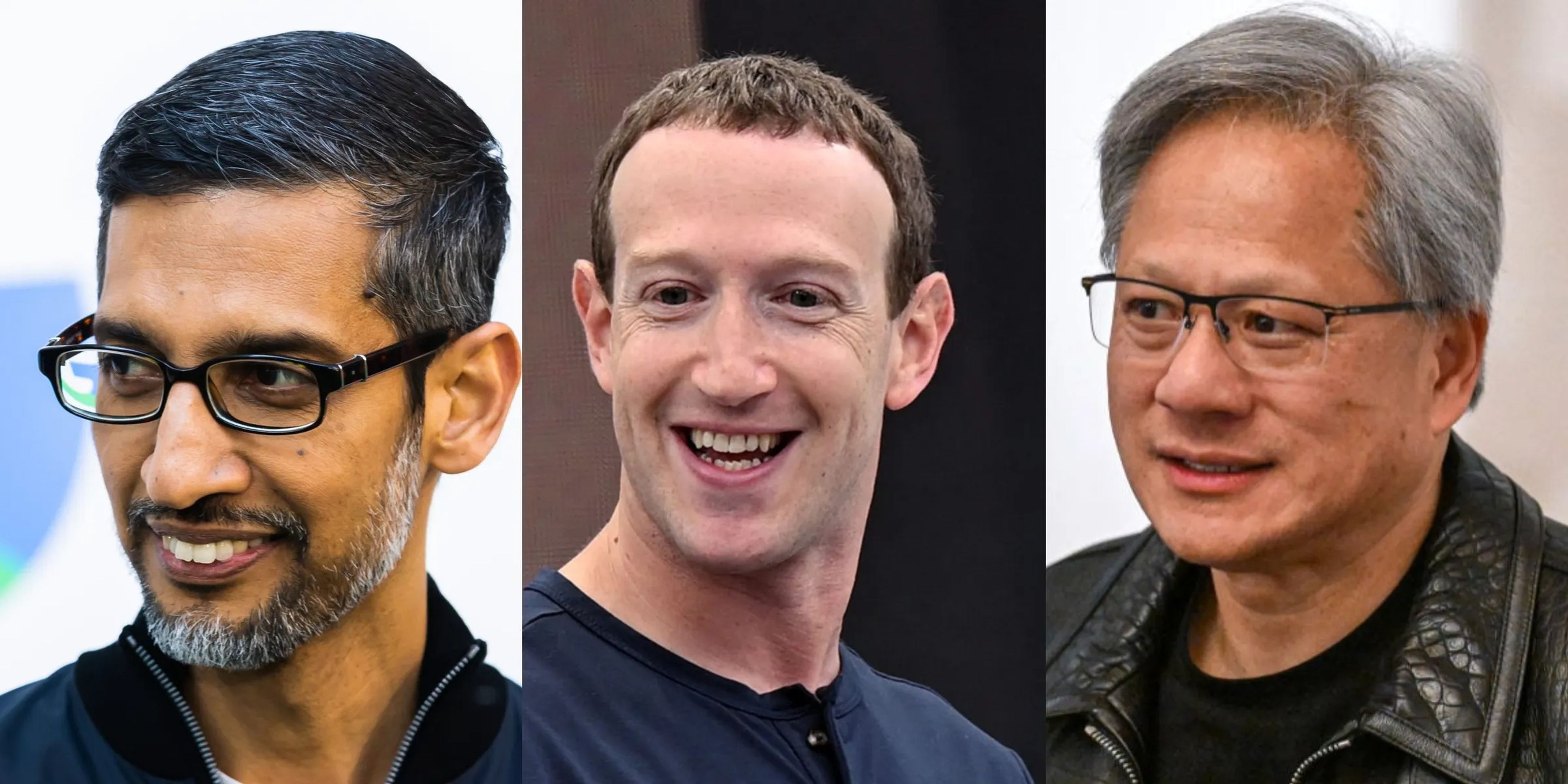 Así es como utilizan la IA el CEO de Google, Sundar Pichai (izquierda); el CEO de Meta, Mark Zuckerberg (centro); el CEO de Nvidia, Jensen Huang; y otros seis líderes empresariales.
