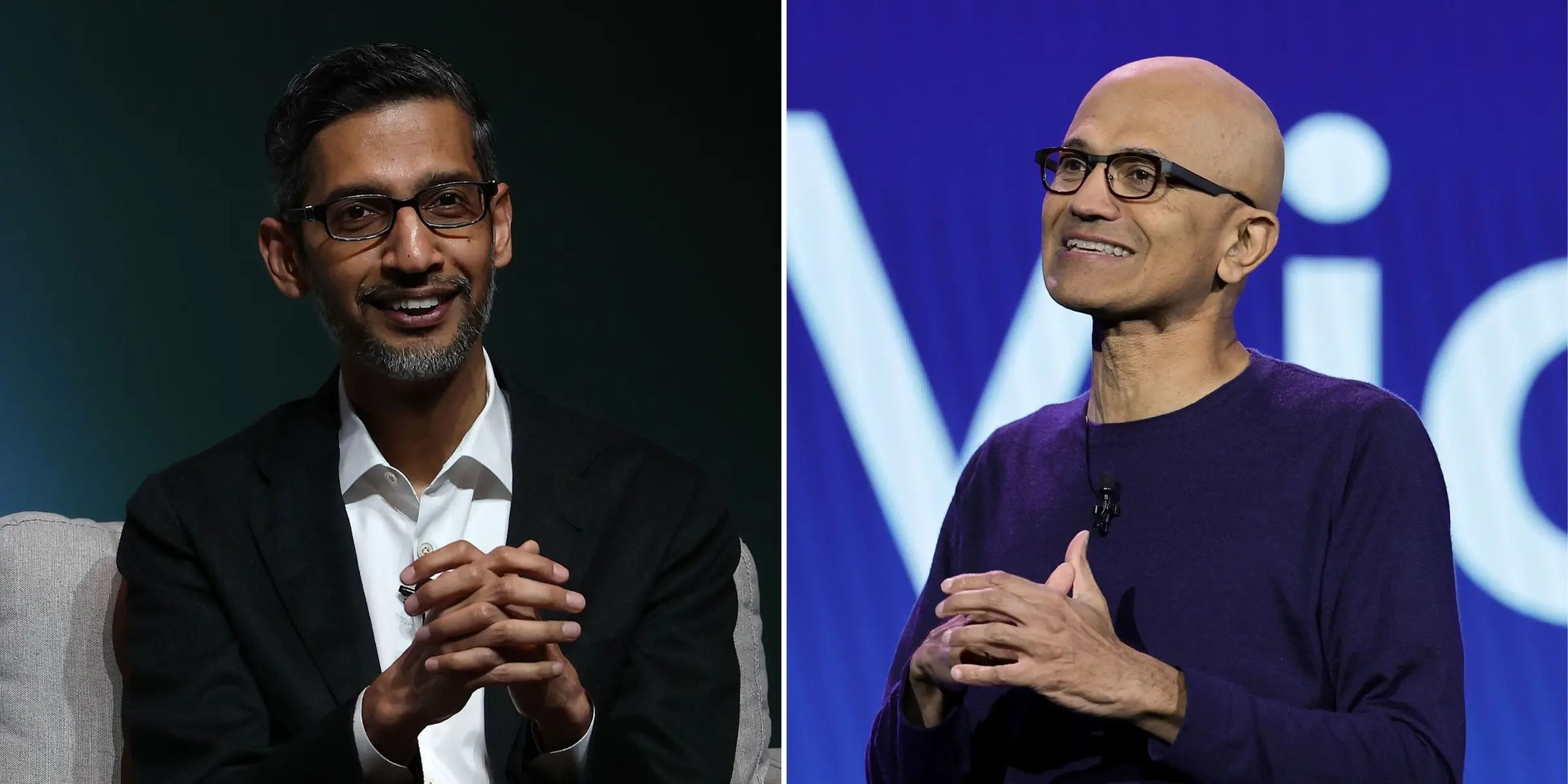 Sundar Pichai (izquierda), CEO de Alphabet, la matriz de Google; y Satya Nadella, CEO de Microsoft.