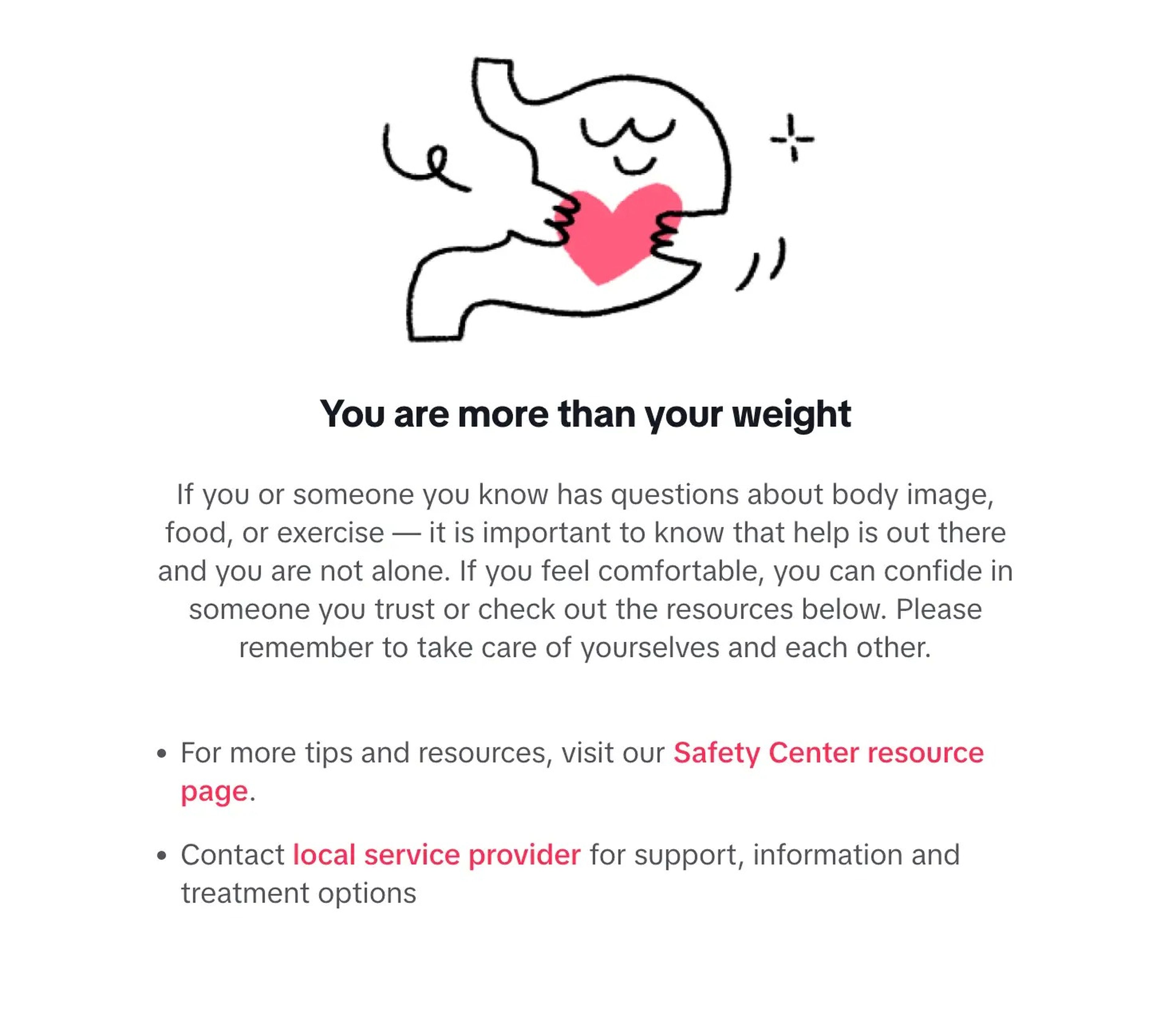 Buscar contenidos sobre pérdida de peso en TikTok provocará que aparezca un mensaje de apoyo sobre la imagen corporal.