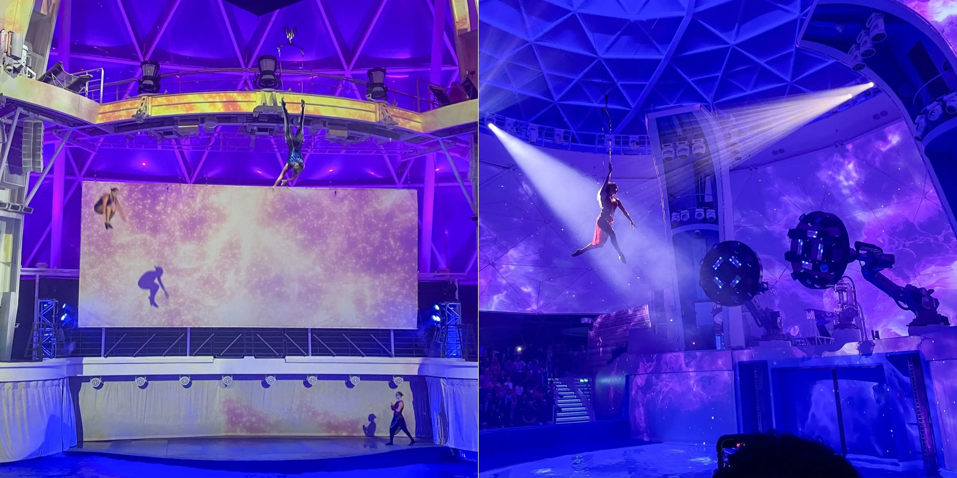 El Wonder of the Seas (izquierda) y el Icon of the Seas (derecha) tienen AquaTheaters que acogen espectáculos multidisciplinares con buceadores, bailarines y acróbatas. El teatro del nuevo buque también cuenta con brazos robóticos de 2,7 metros de altura.