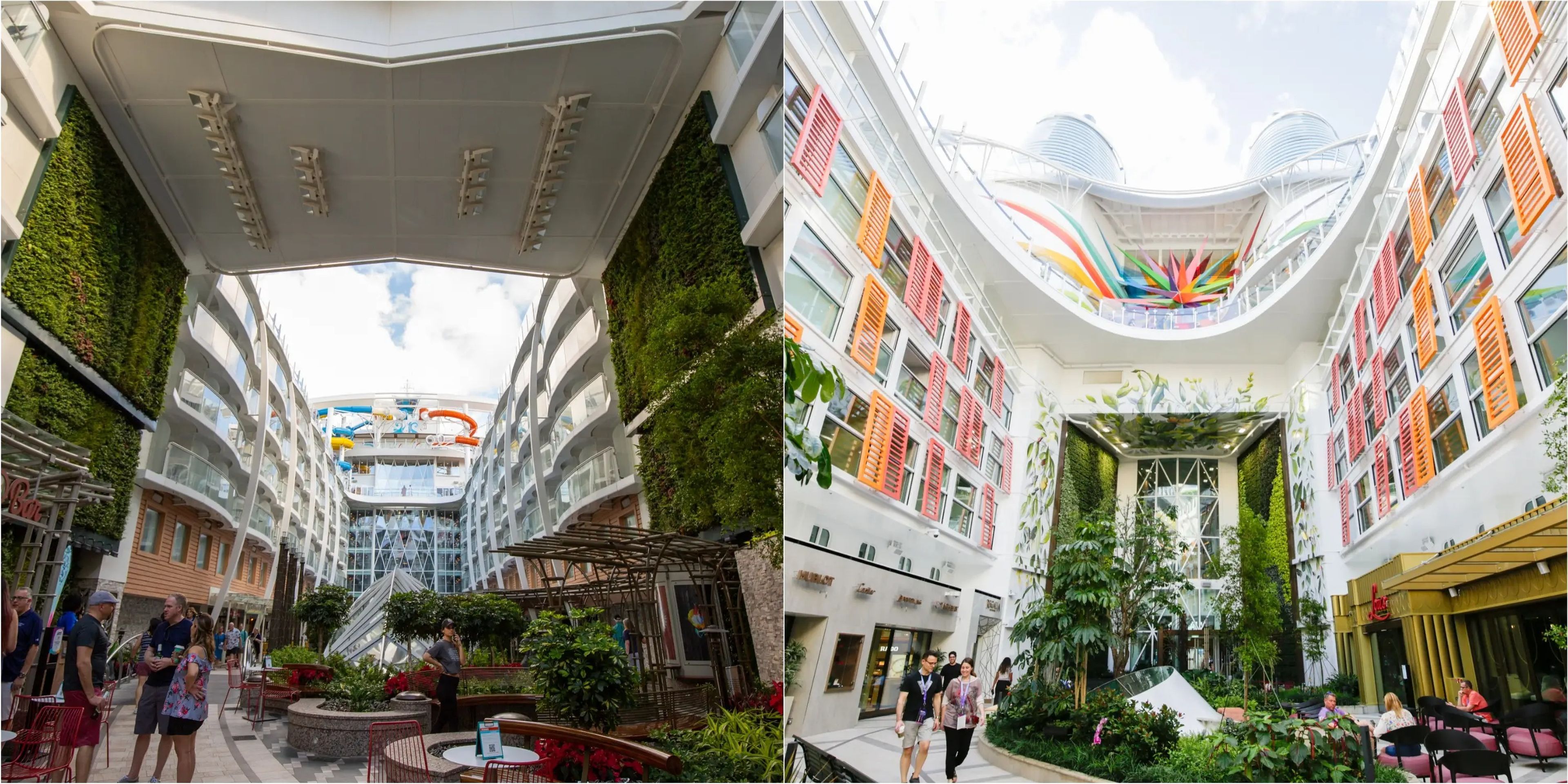 El Wonder of the Seas (izquierda) y el Icon of the Seas (derecha) comparten un tranquilo barrio llamado Central Park lleno de plantas naturales, tiendas de alta gama y restaurantes.