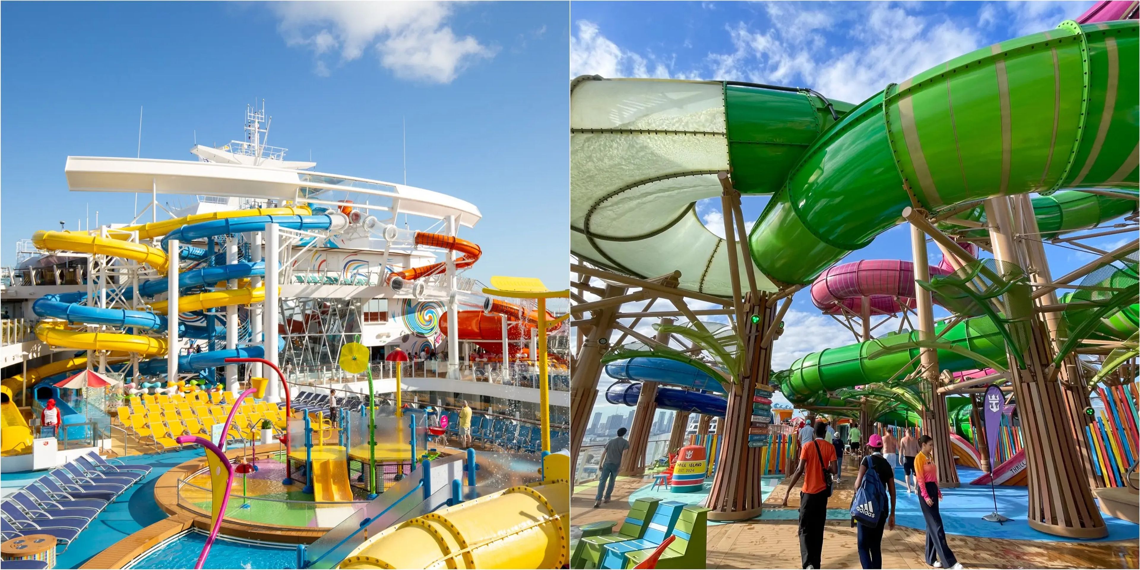 Parque acuático infantil y toboganes del Wonder of the Seas (izquierda) y parque acuático del Icon of the Seas (derecha).