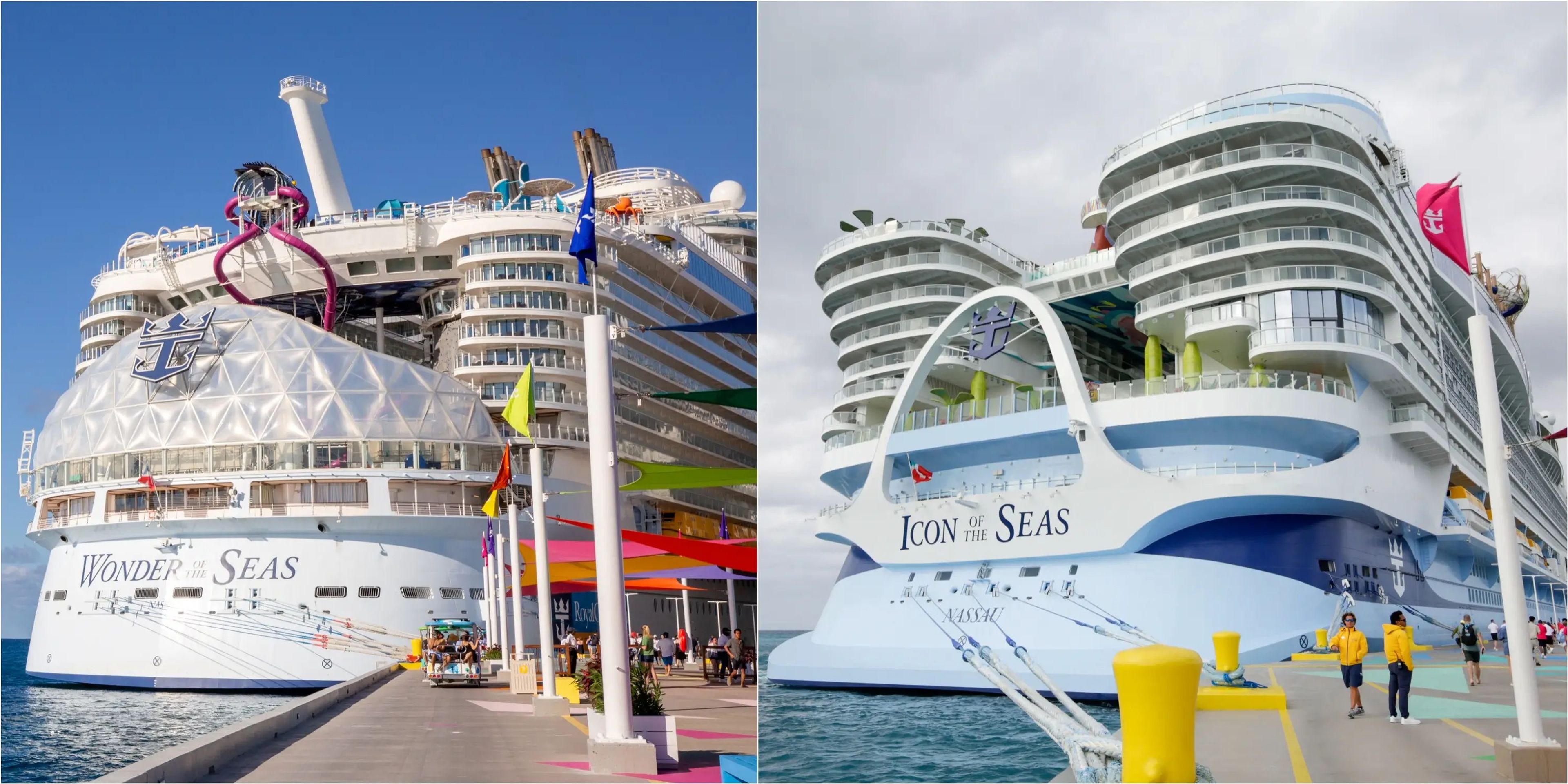 Wonder of the Seas (izquierda) e Icon of the Seas (derecha) atracados en Perfect Day en CocoCay.