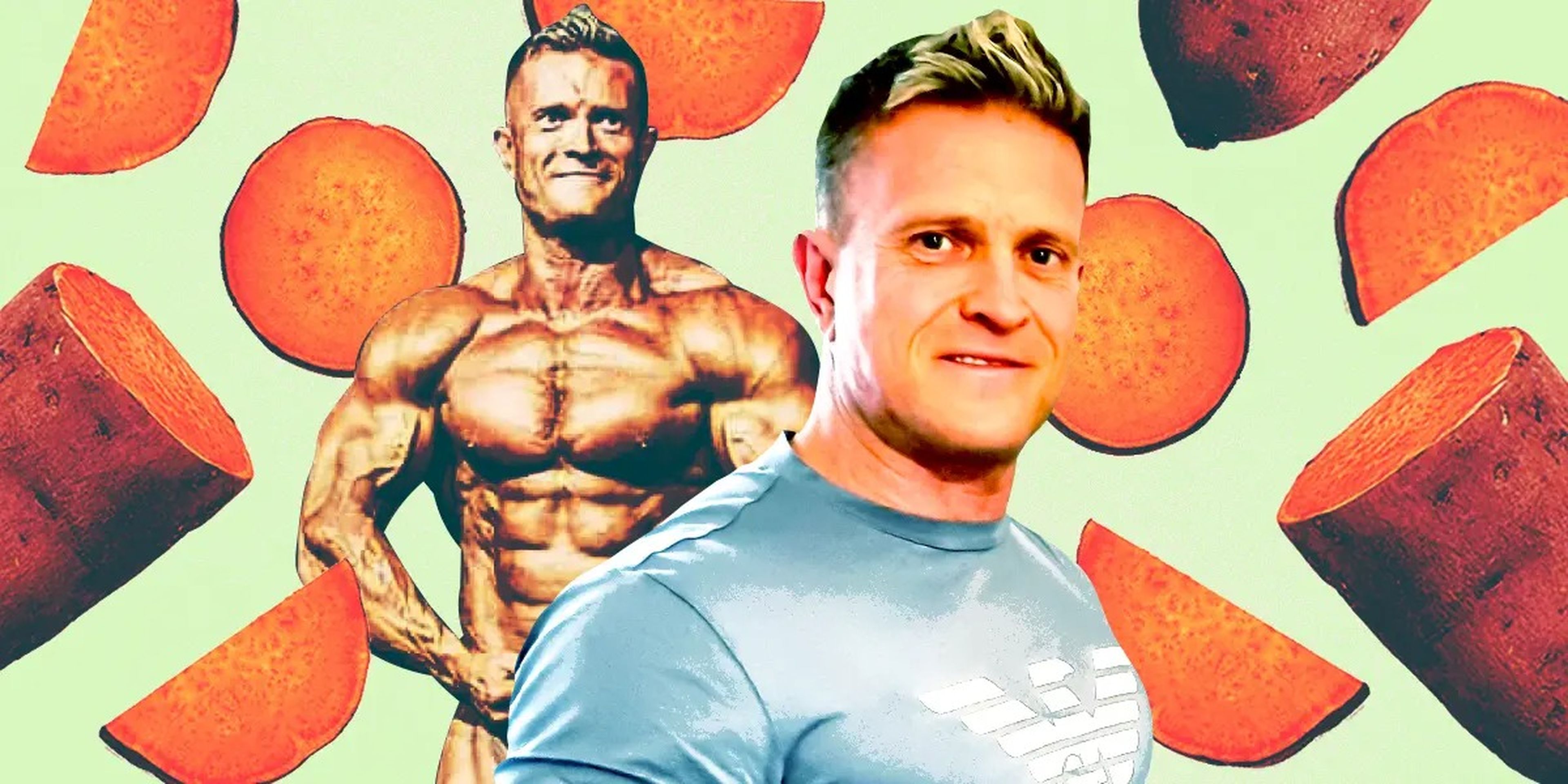 Bodybuilder Mark Taylor surrounded by a variety of sweet potatoes