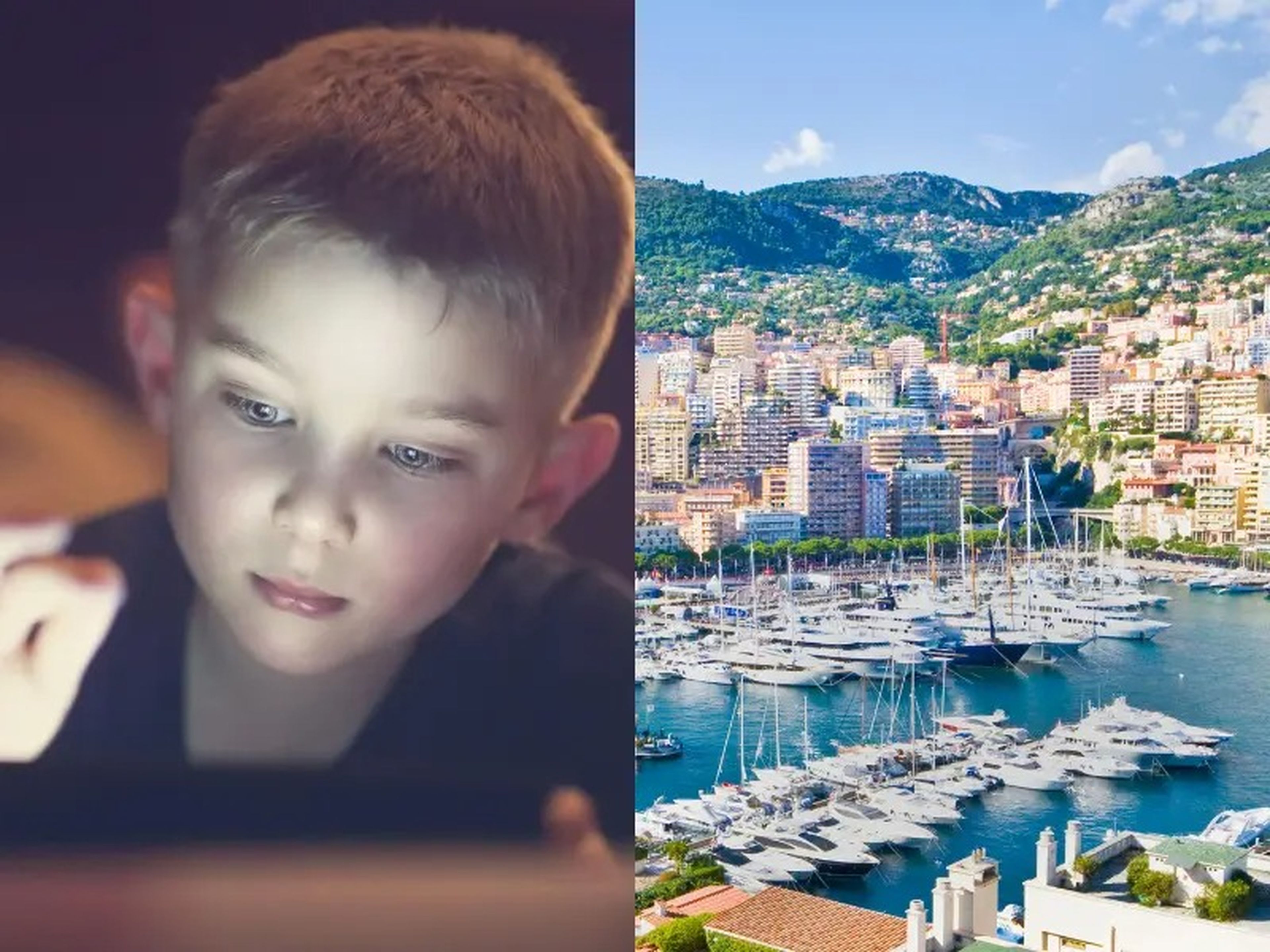 Boy on tablet and Monaco Harbor.