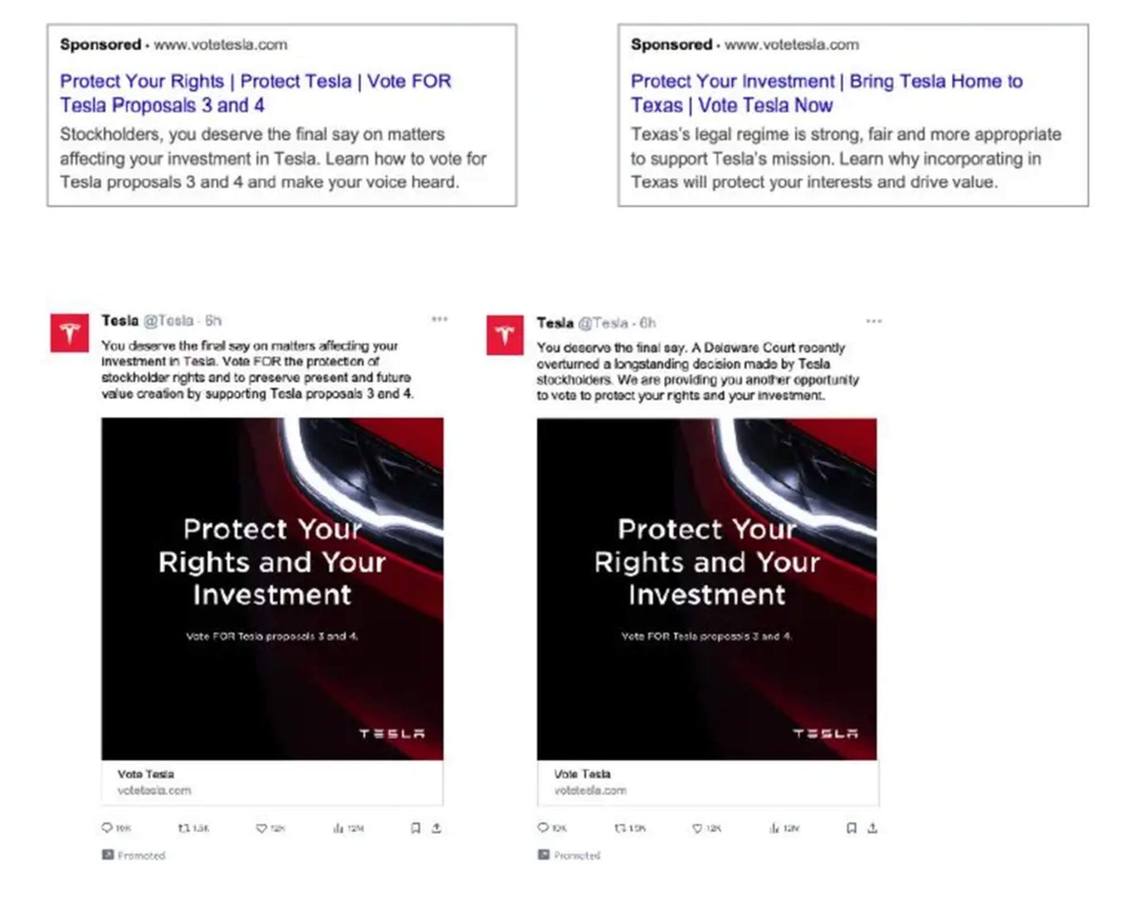 Una captura de pantalla de algunos de los anuncios pagados que Tesla publicó en apoyo de la propuesta de paquete salarial de Musk.