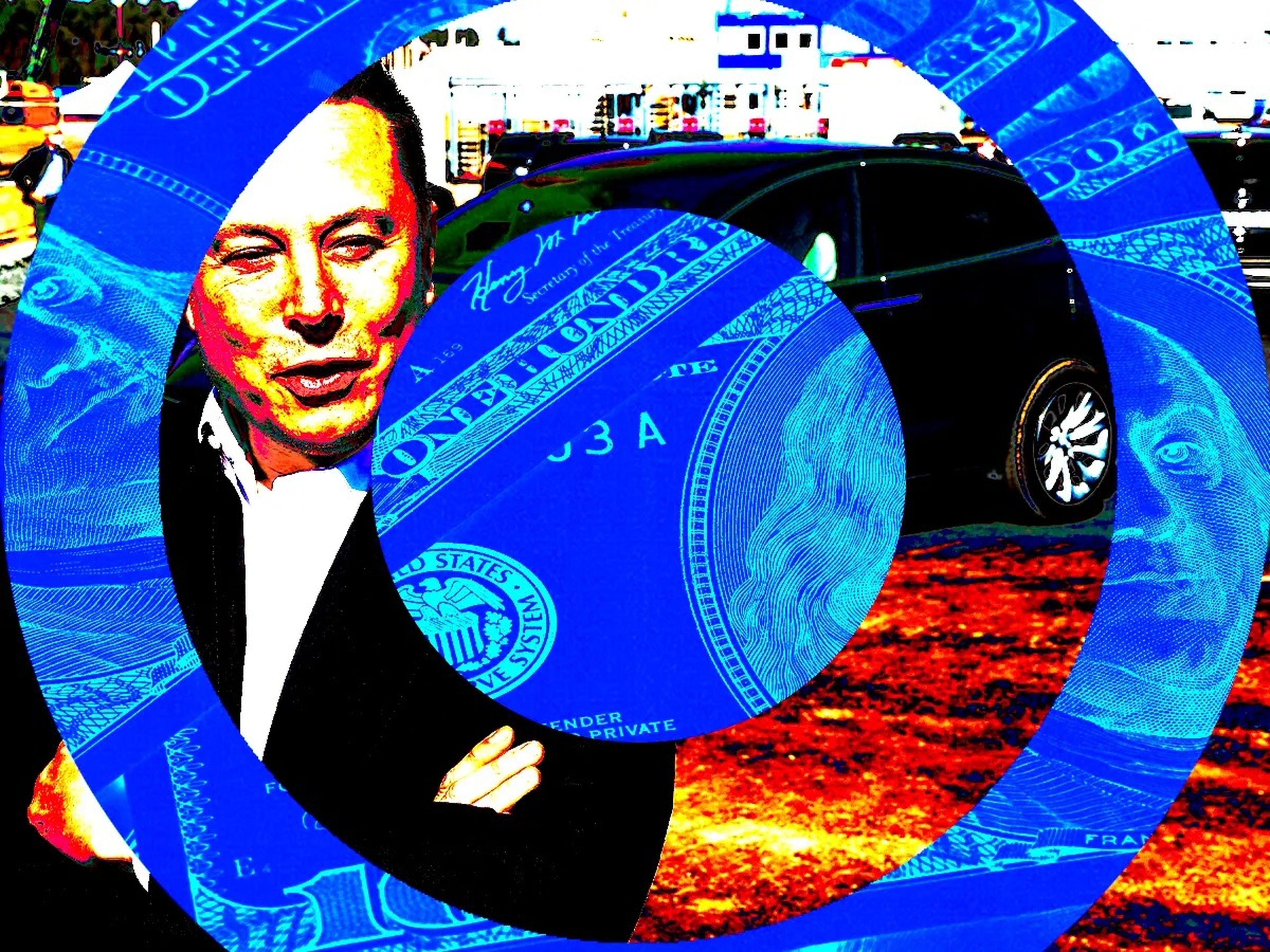 Collage of Elon Musk with US currency and a Tesla