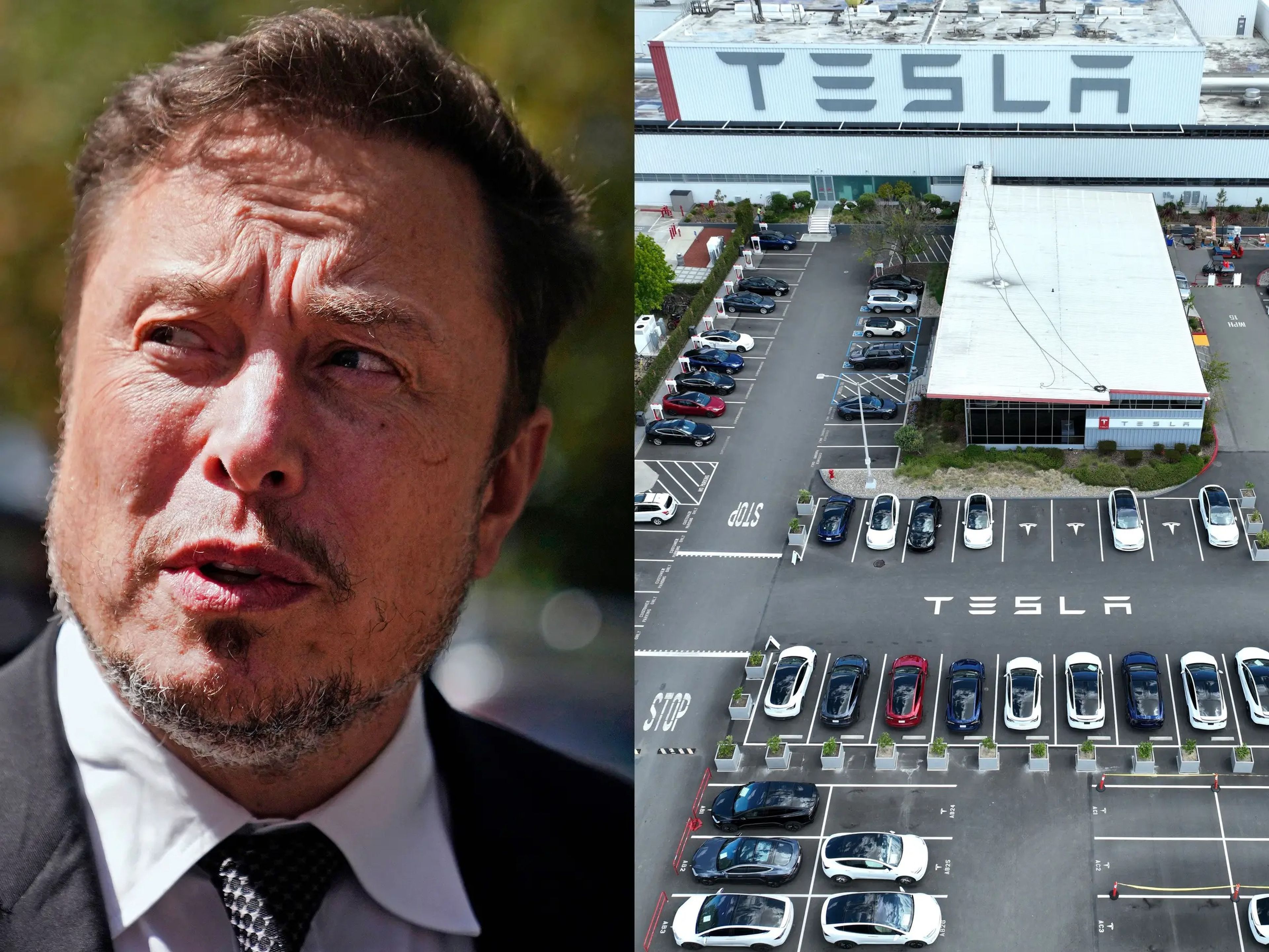 Imagen compuesta de Elon Musk y el aparcamiento de la fábrica de Tesla en Fremont, California.