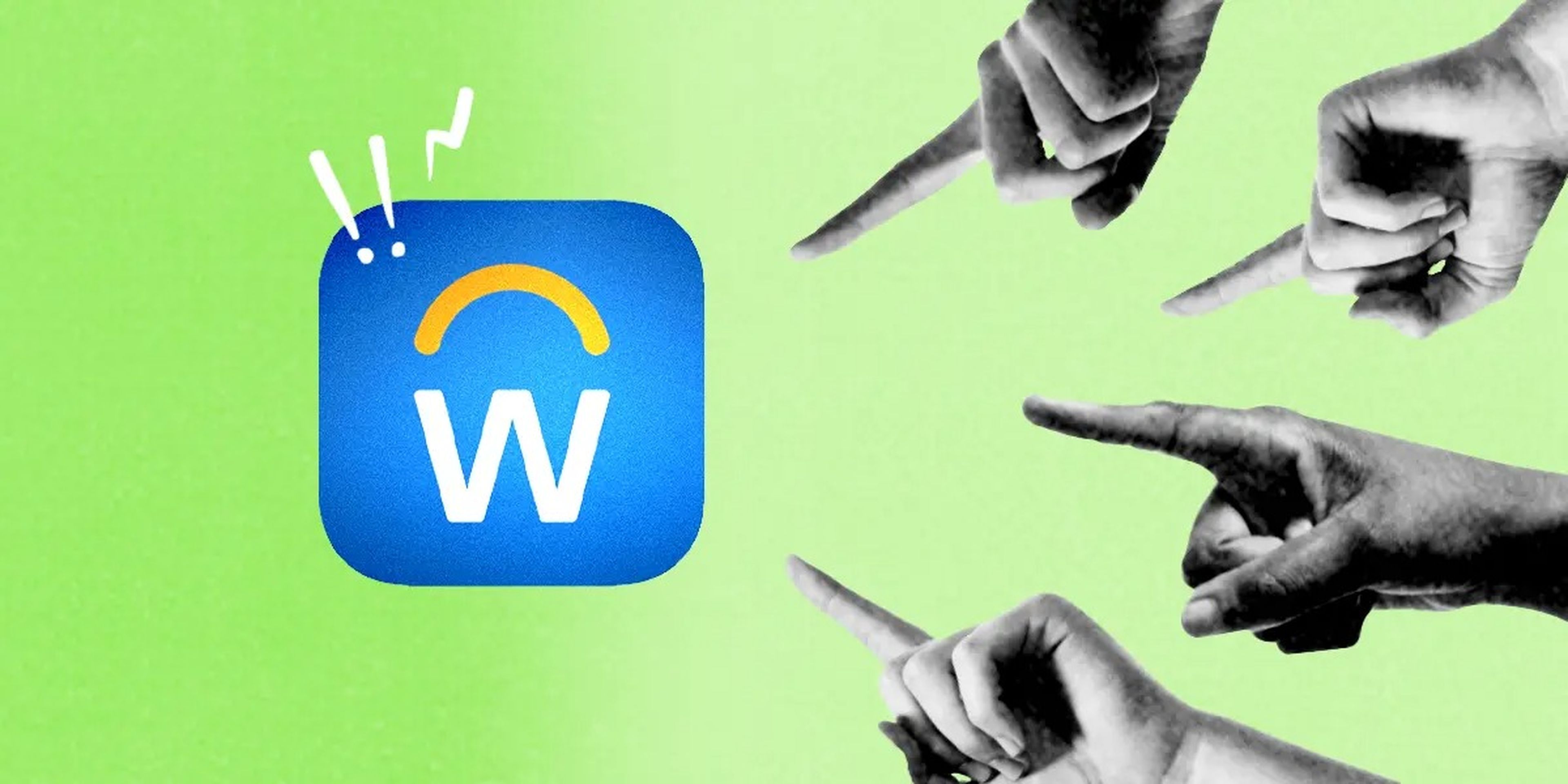 Hands aggressively pointing at a Workday App, with exclamation marks emanating from the app