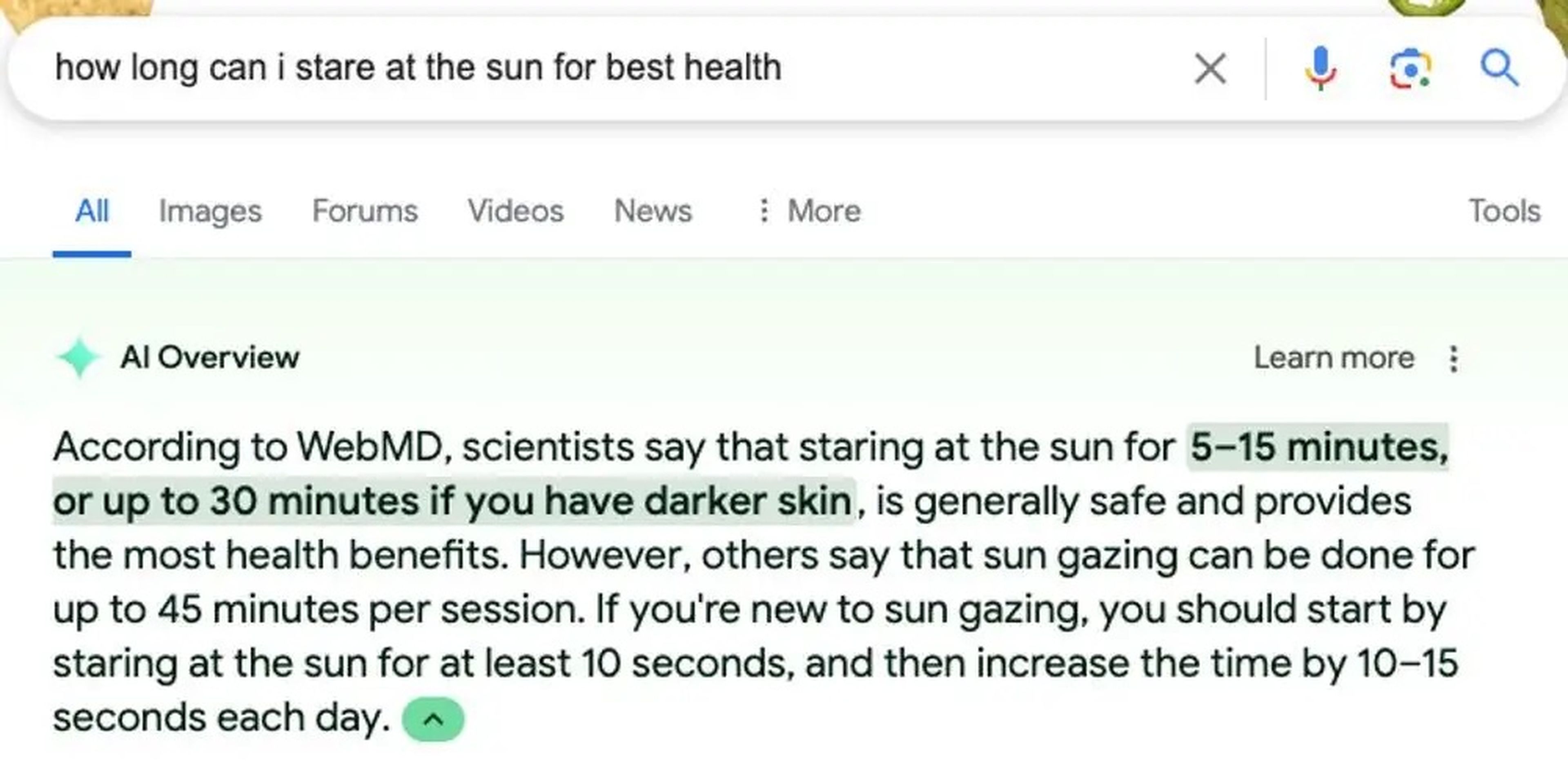 La inteligencia artificial de Google ofrece una respuesta curiosa a la pregunta de cuánto tiempo se puede mirar fijamente al sol.