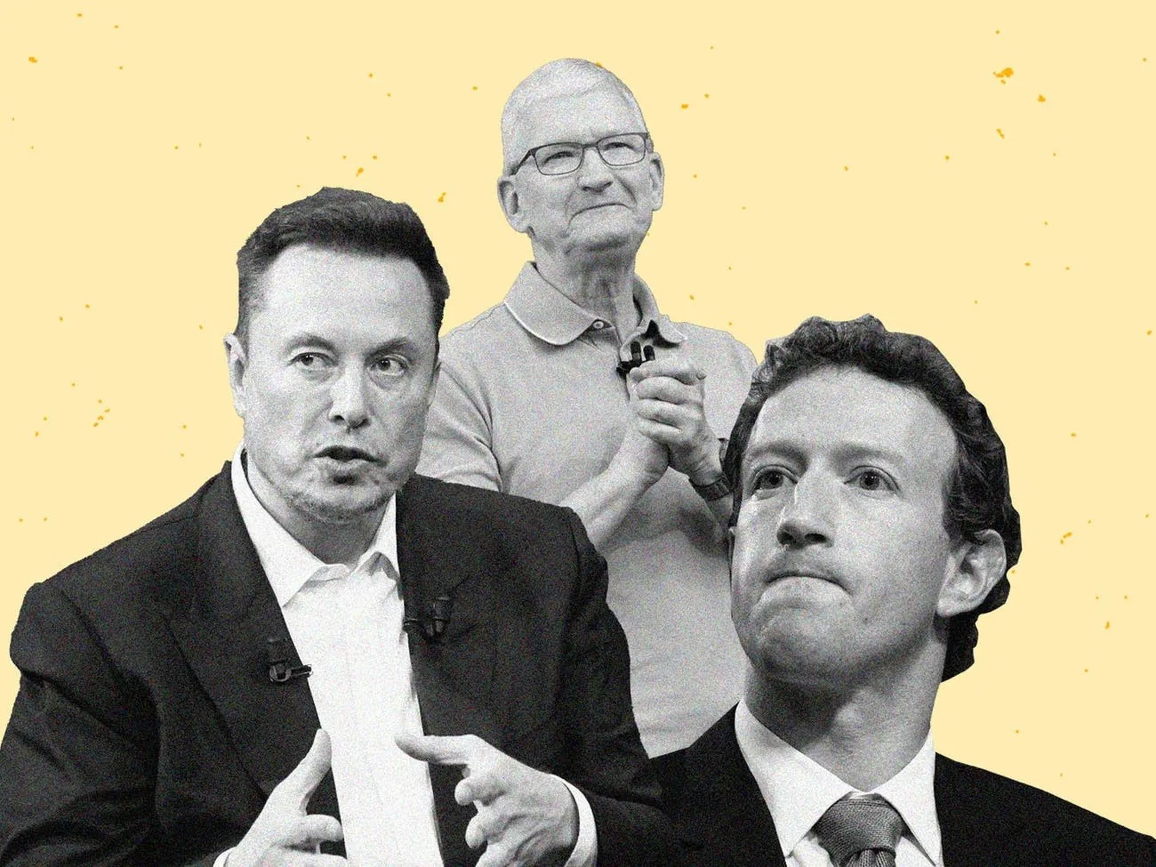 Mark Zuckerberg, Elon Musk, and Tim Cook against a yellow background.