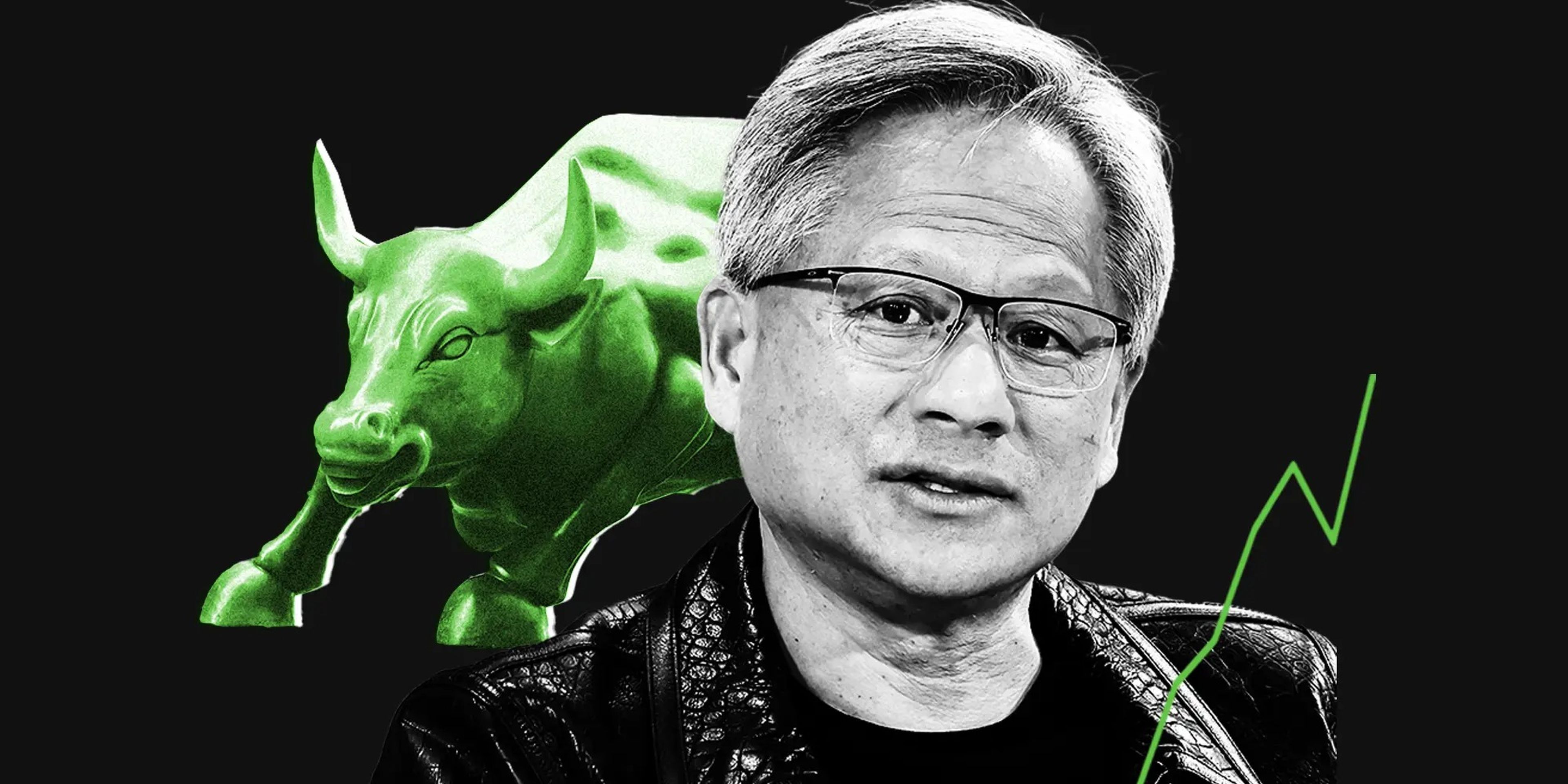 Jensen Huang, CEO de Nvidia, en una ilustración sobre la bolsa de EEUU.