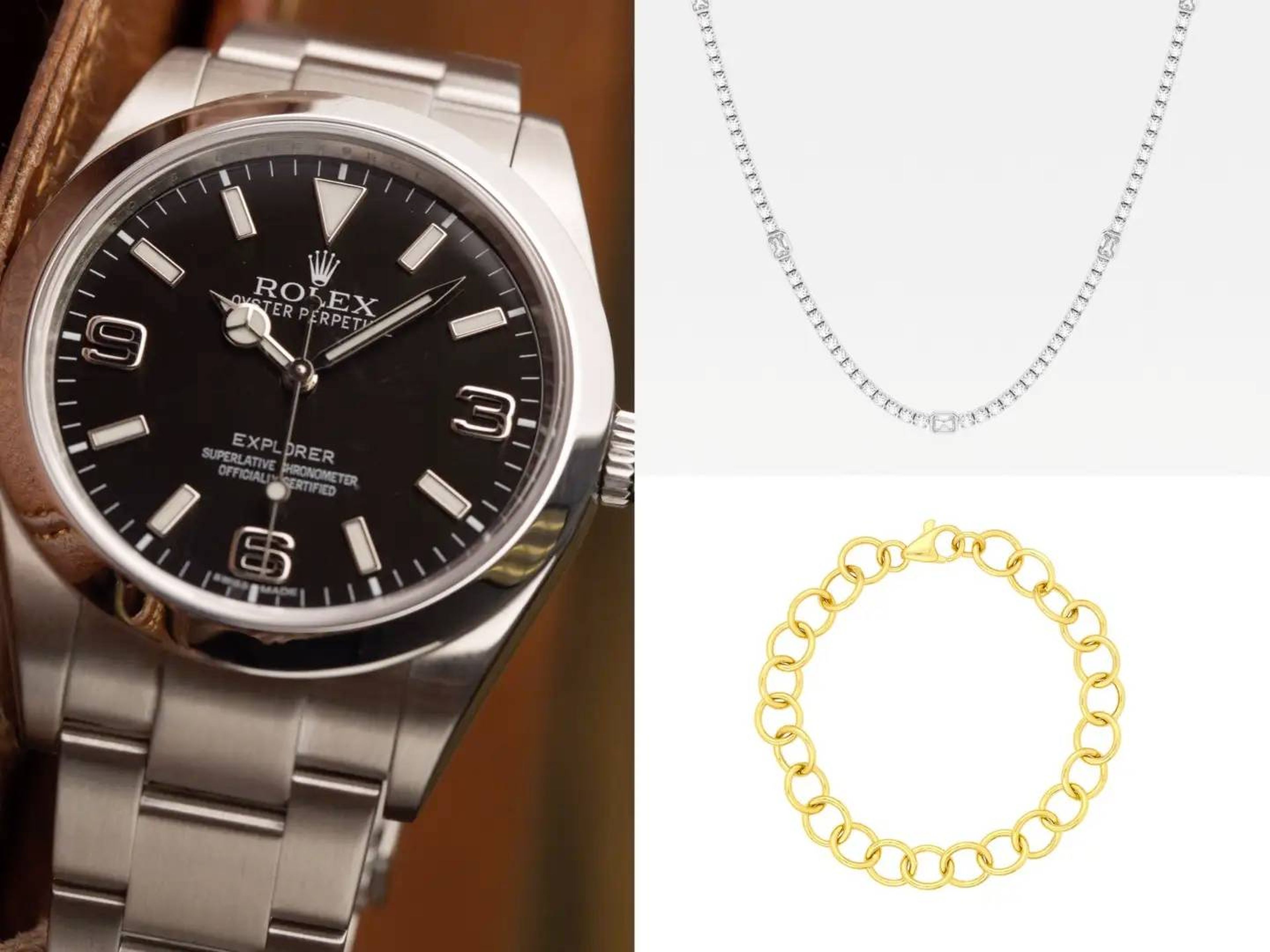 El Rolex Explorer (izquierda) cuesta más de 7.000 dólares, el collar de tenis Ritani (arriba a la derecha) cuesta 7.030 dólares y el brazalete de oro (abajo a la derecha) cuesta 970 dólares.
