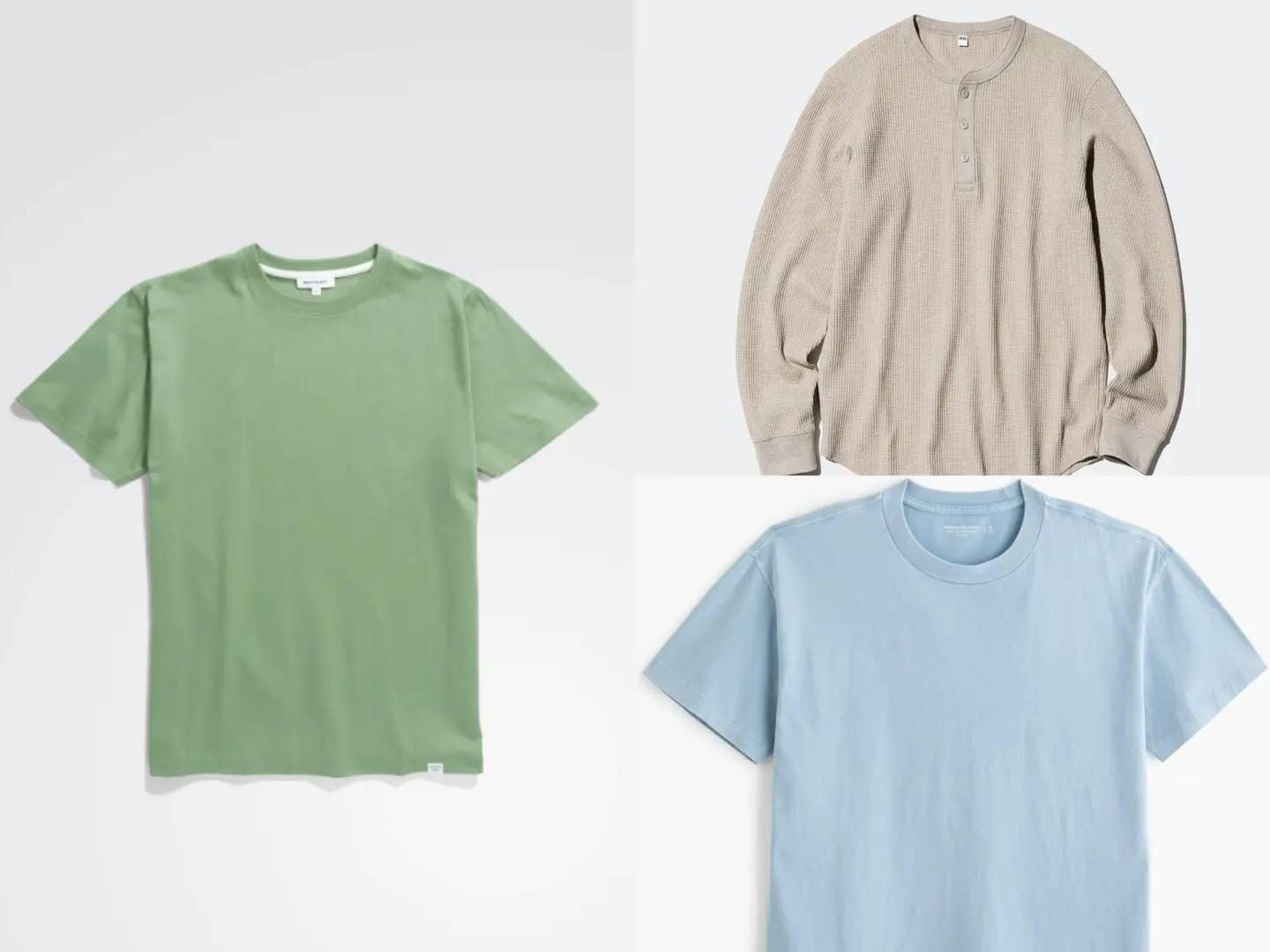 La camiseta Norse Project (izquierda) cuesta 80 dólares, la henley Uniqlo (arriba a la derecha) 30 dólares y la camiseta Abercrombie & Fitch (abajo a la derecha) 19 dólares.