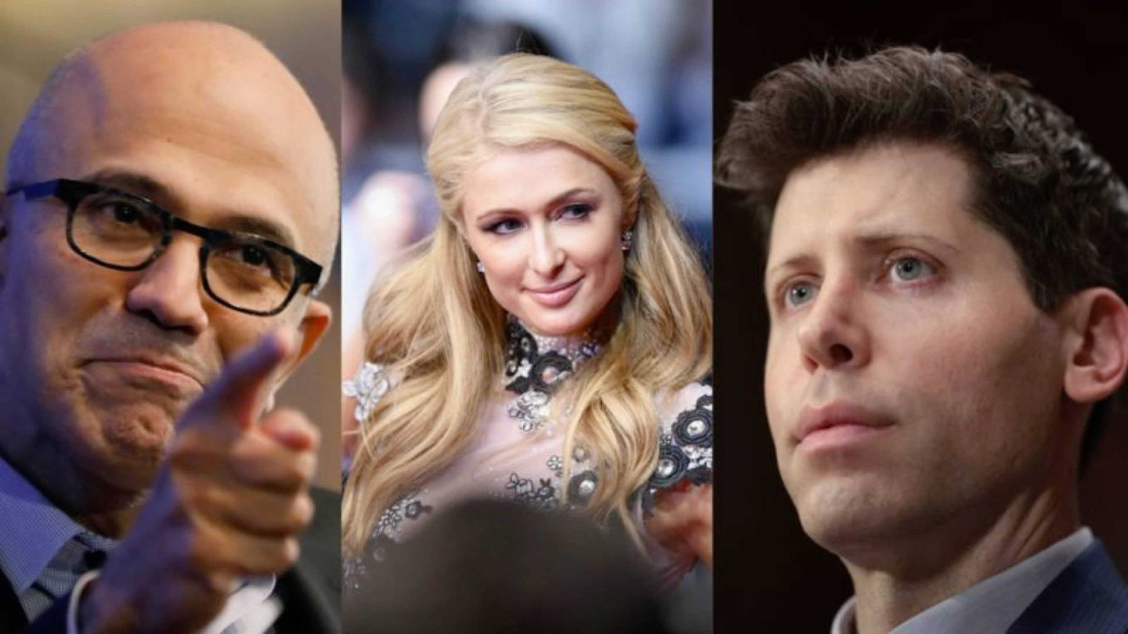 Satya Nadella, CEO de Microsoft, Paris Hilton, ex It girl, y Sam Altman, CEO de Open AI