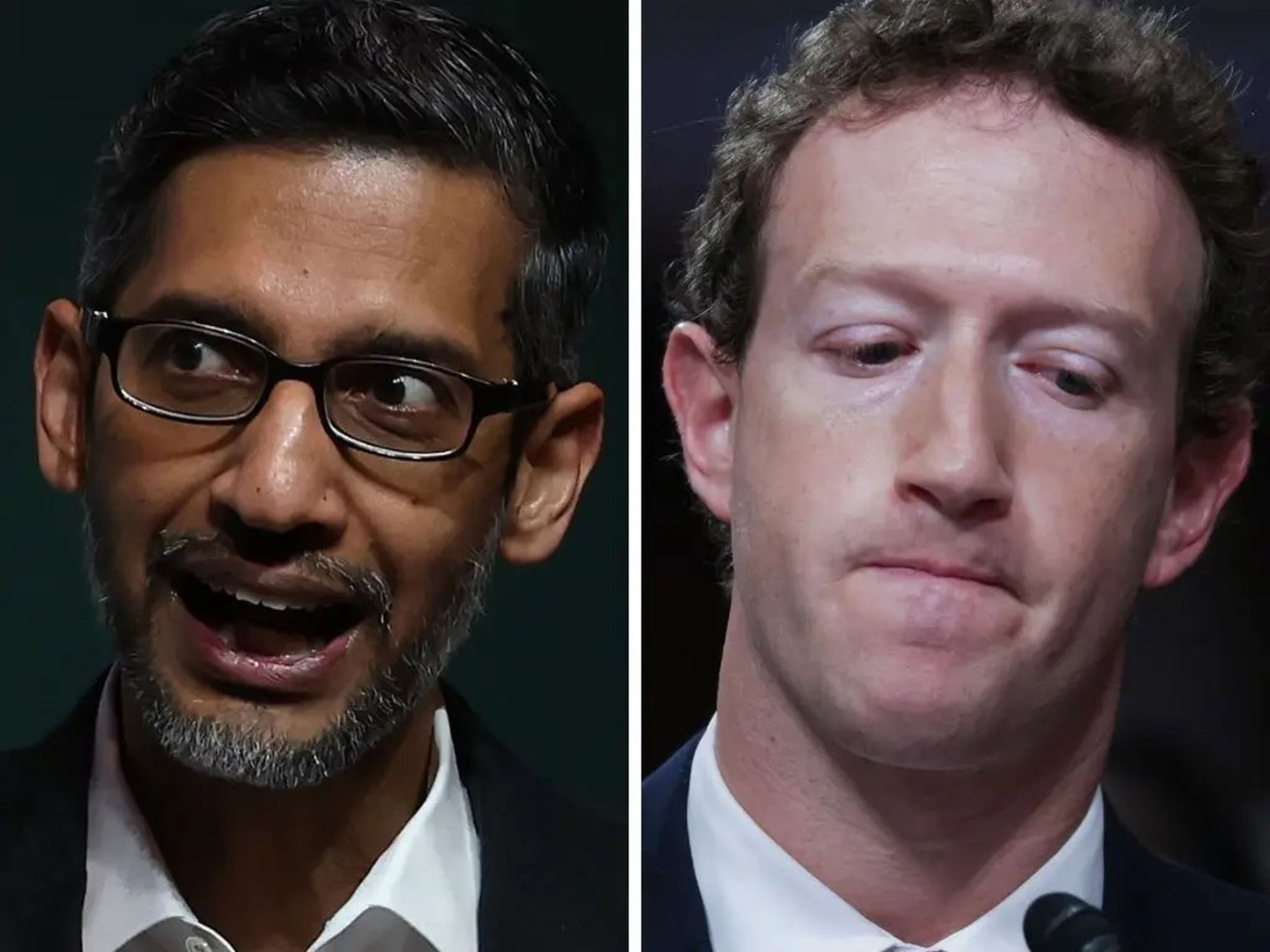Sundar Pichai, director ejecutivo de Google (izquierda), y Mark Zuckerberg, director ejecutivo de Meta.